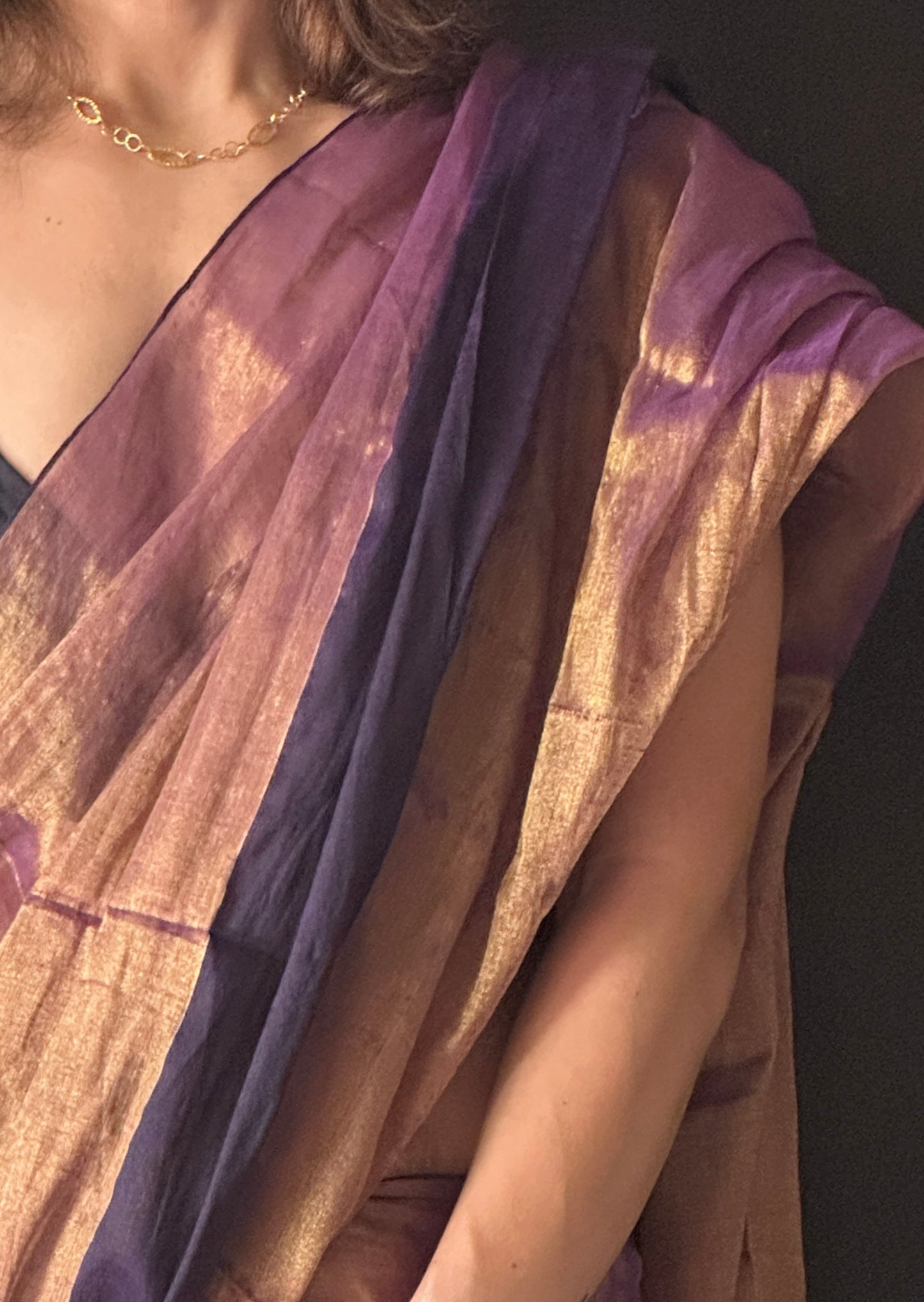 Antique Gold & Purple Blend Pure Mul Mul Handwoven Tissue Cotton Saree with Thick Black Border