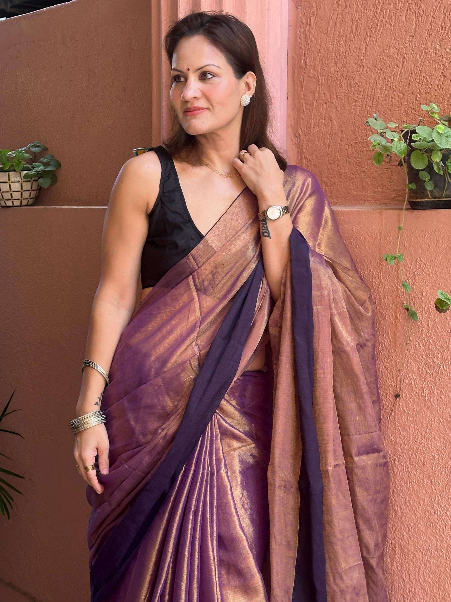 Antique Gold & Purple Blend Pure Mul Mul Handwoven Tissue Cotton Saree with Thick Black Border