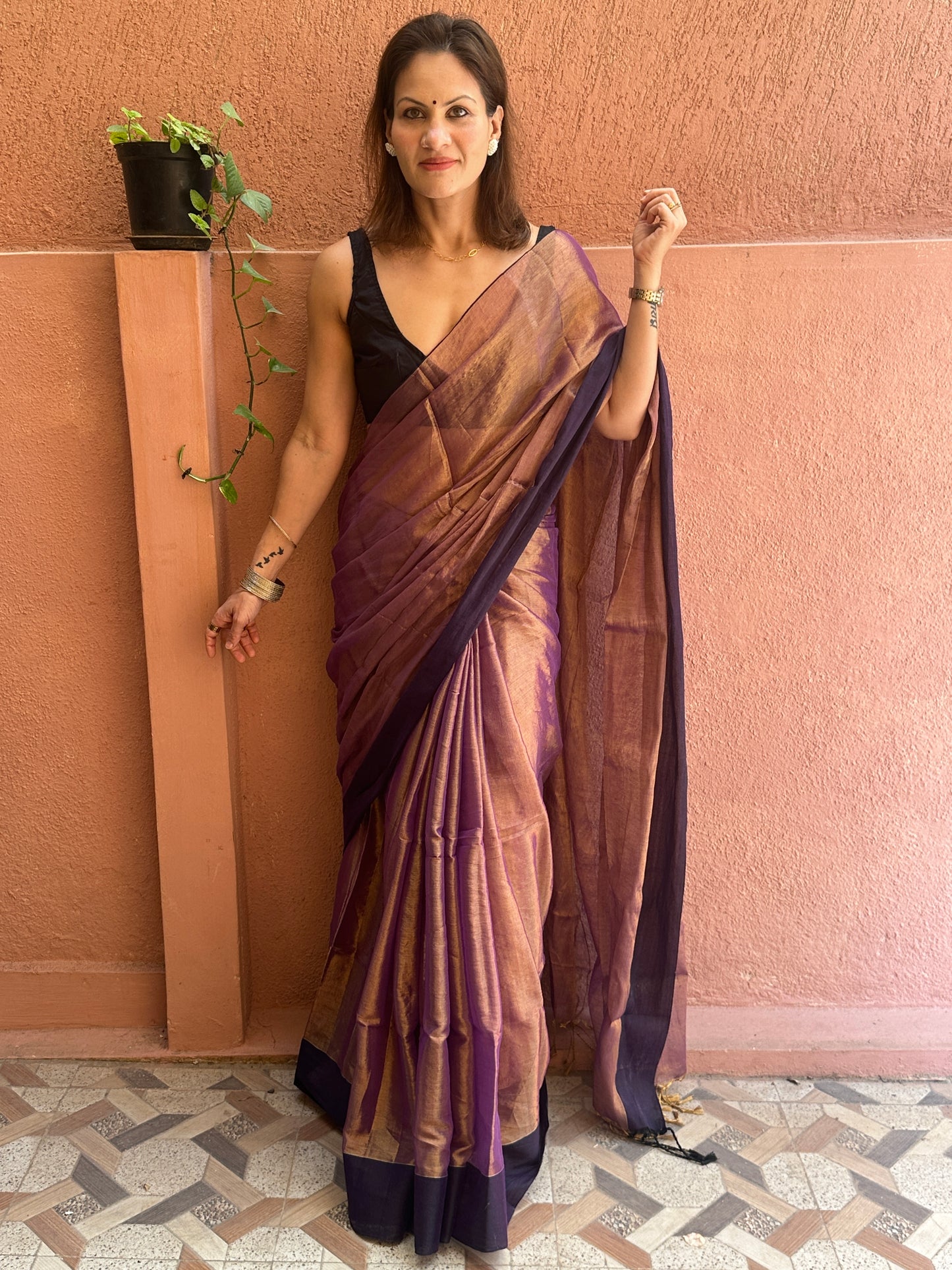 Antique Gold & Purple Blend Pure Mul Mul Handwoven Tissue Cotton Saree with Thick Black Border