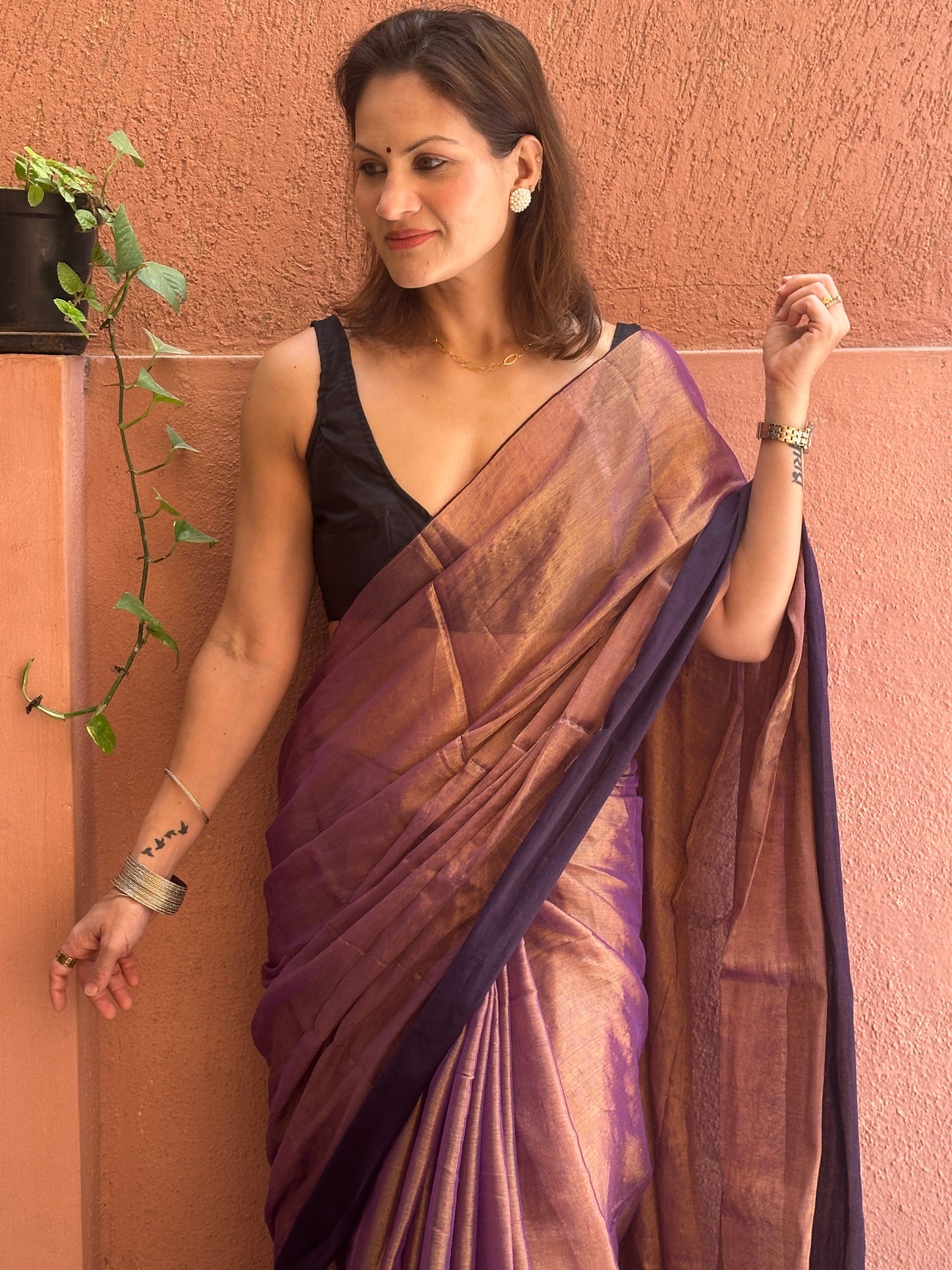Antique Gold & Purple Blend Pure Mul Mul Handwoven Tissue Cotton Saree with Thick Black Border