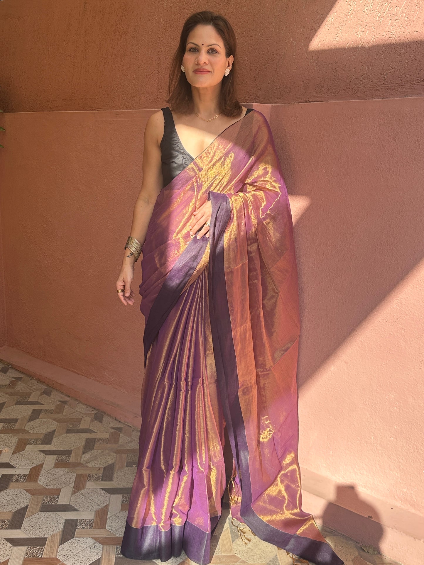 Antique Gold & Purple Blend Pure Mul Mul Handwoven Tissue Cotton Saree with Thick Black Border