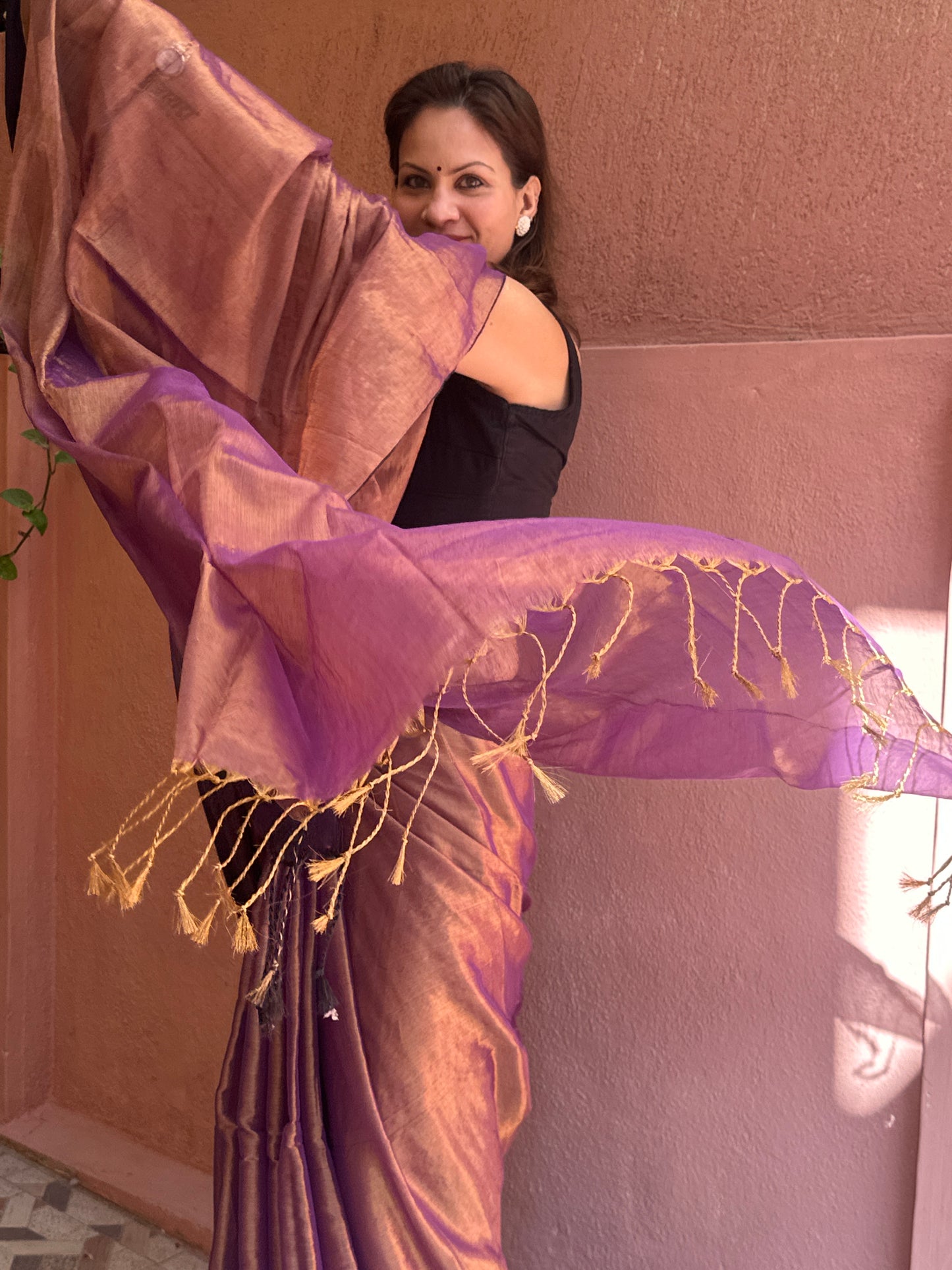 Antique Gold & Purple Blend Pure Mul Mul Handwoven Tissue Cotton Saree with Thick Black Border
