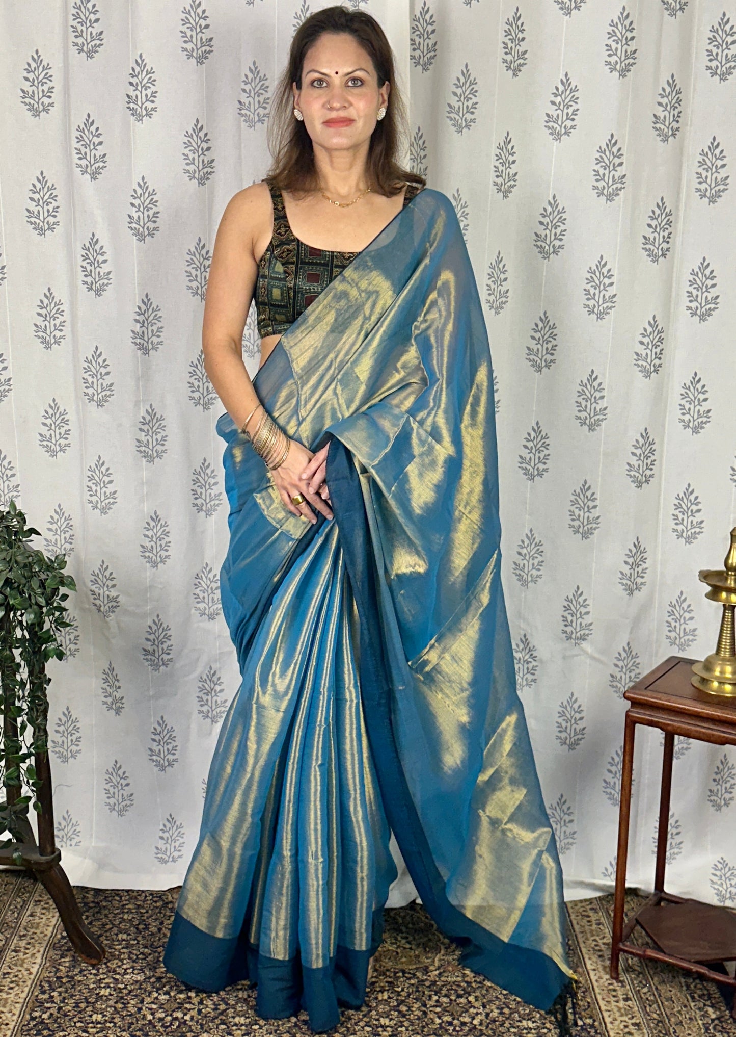 Bluish Green & Gold Pure Mul Mul Handwoven Tissue Cotton Saree with Thick Navy Border