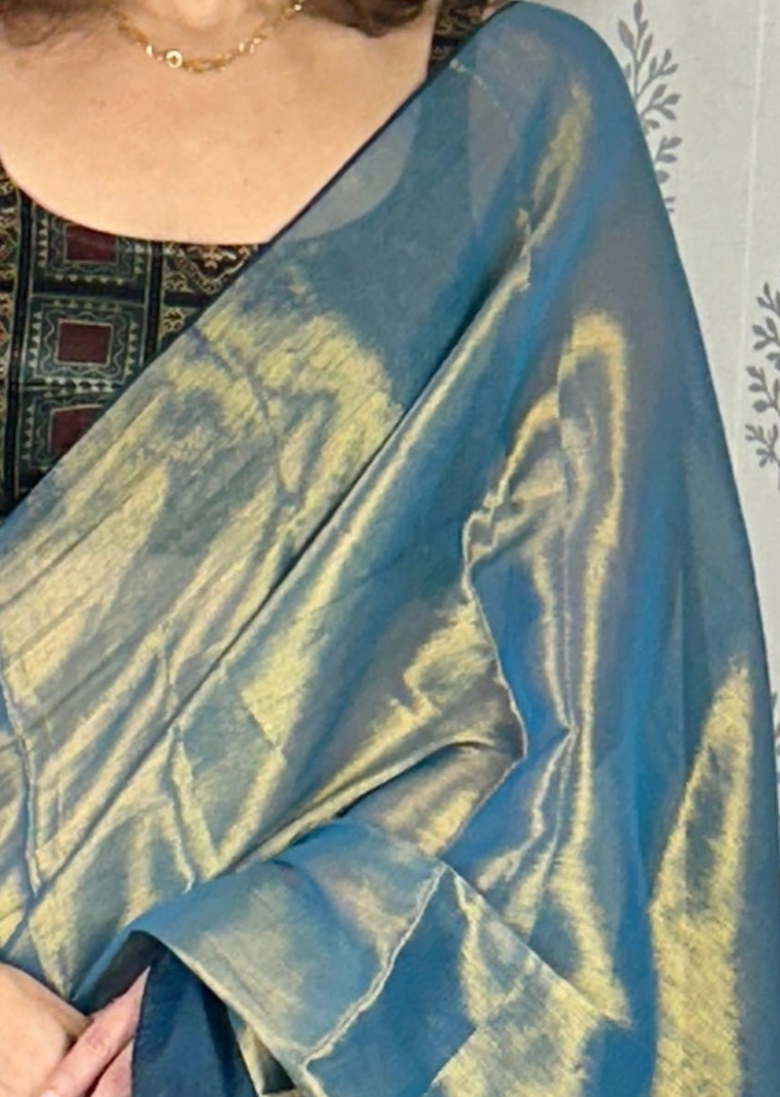 Bluish Green & Gold Pure Mul Mul Handwoven Tissue Cotton Saree with Thick Navy Border