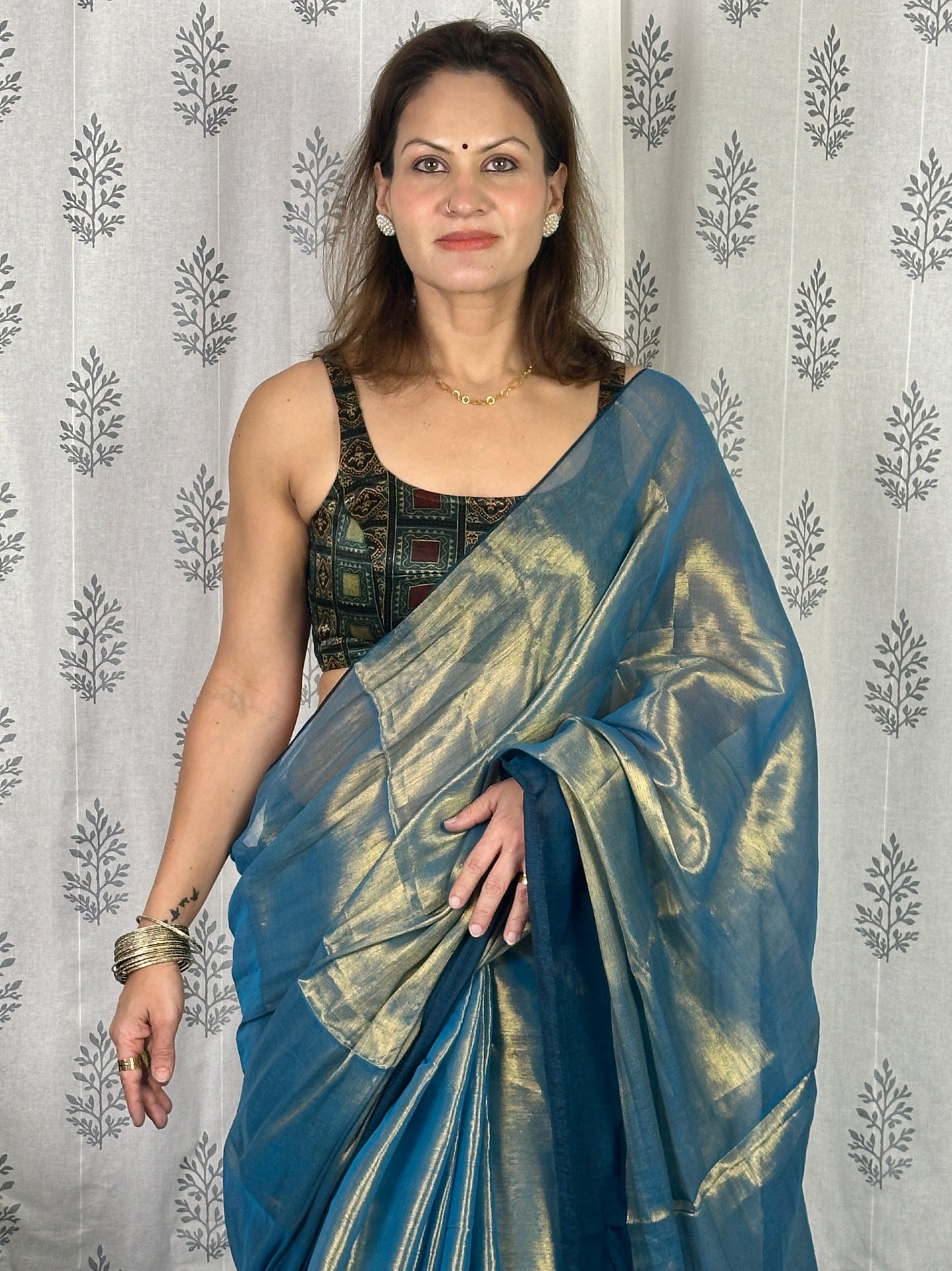 Bluish Green & Gold Pure Mul Mul Handwoven Tissue Cotton Saree with Thick Navy Border