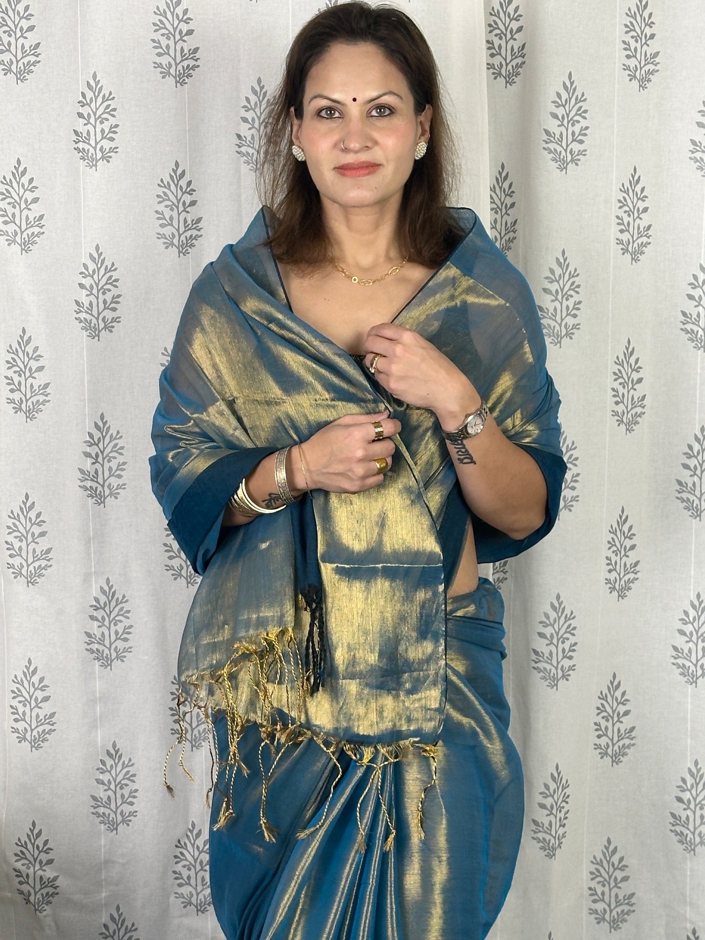 Bluish Green & Gold Pure Mul Mul Handwoven Tissue Cotton Saree with Thick Navy Border