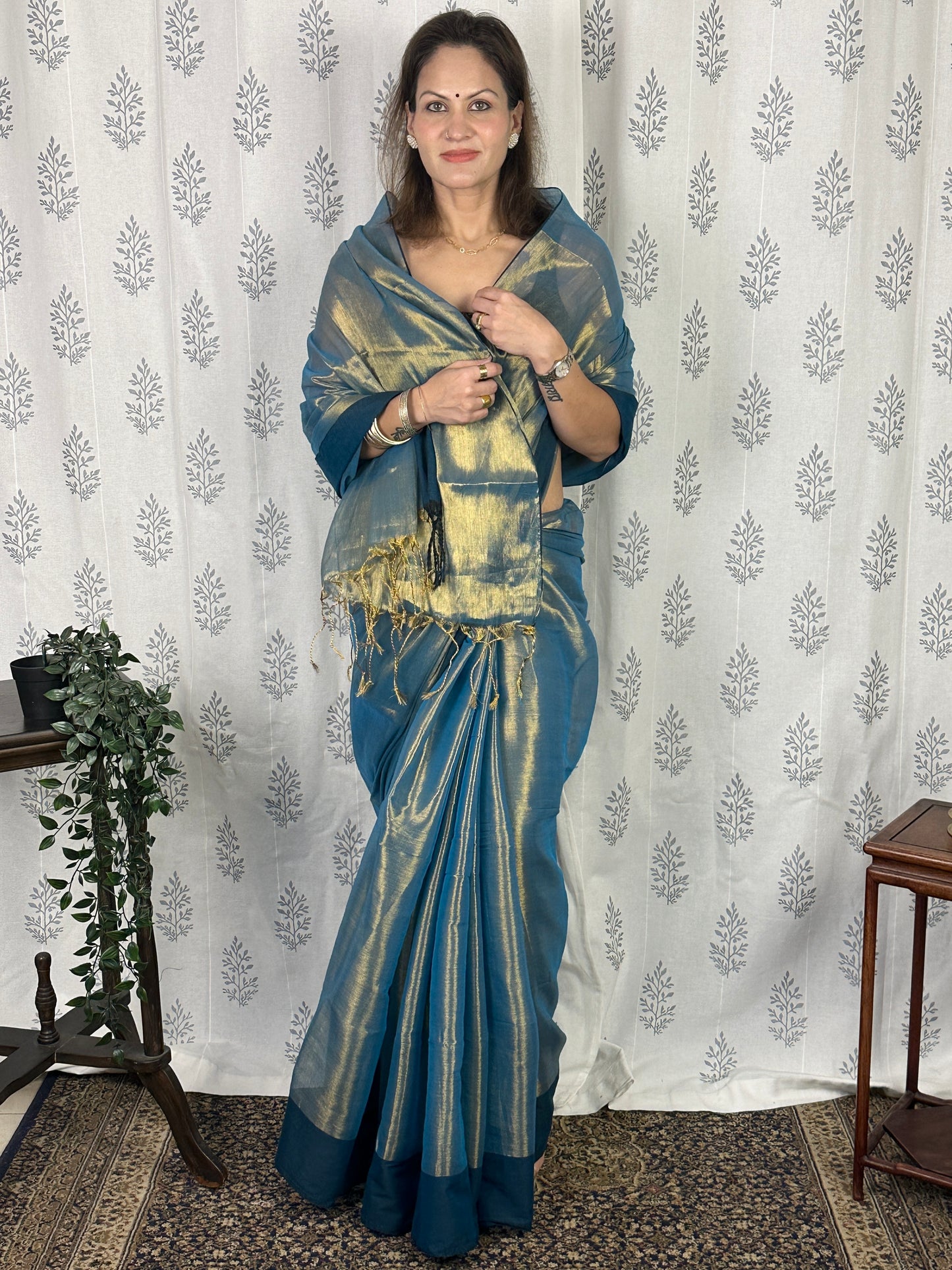 Bluish Green & Gold Pure Mul Mul Handwoven Tissue Cotton Saree with Thick Navy Border