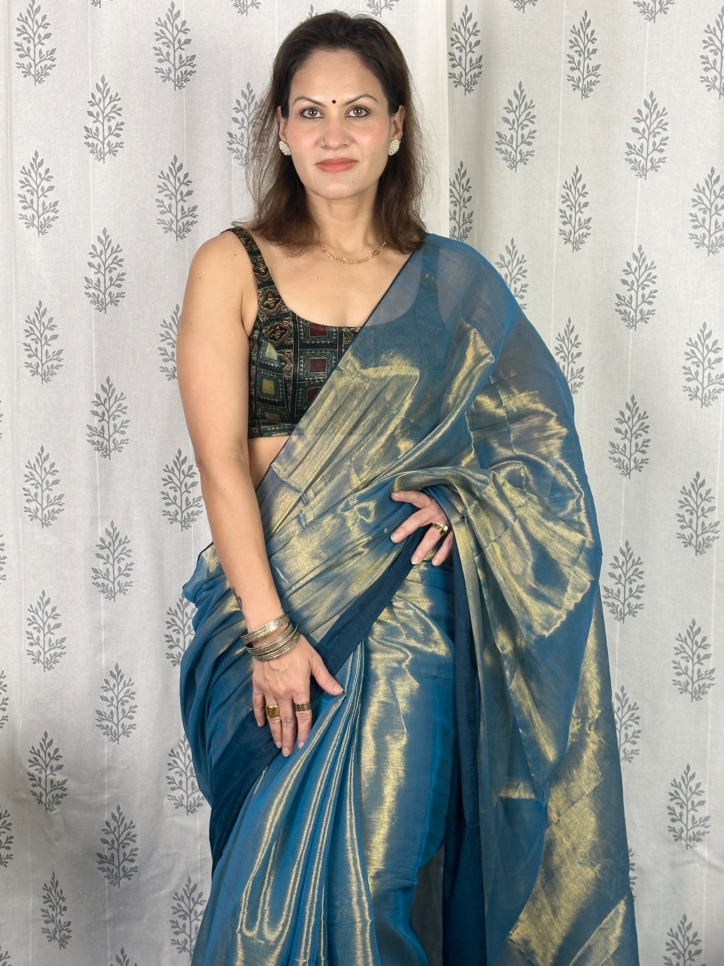 Bluish Green & Gold Pure Mul Mul Handwoven Tissue Cotton Saree with Thick Navy Border