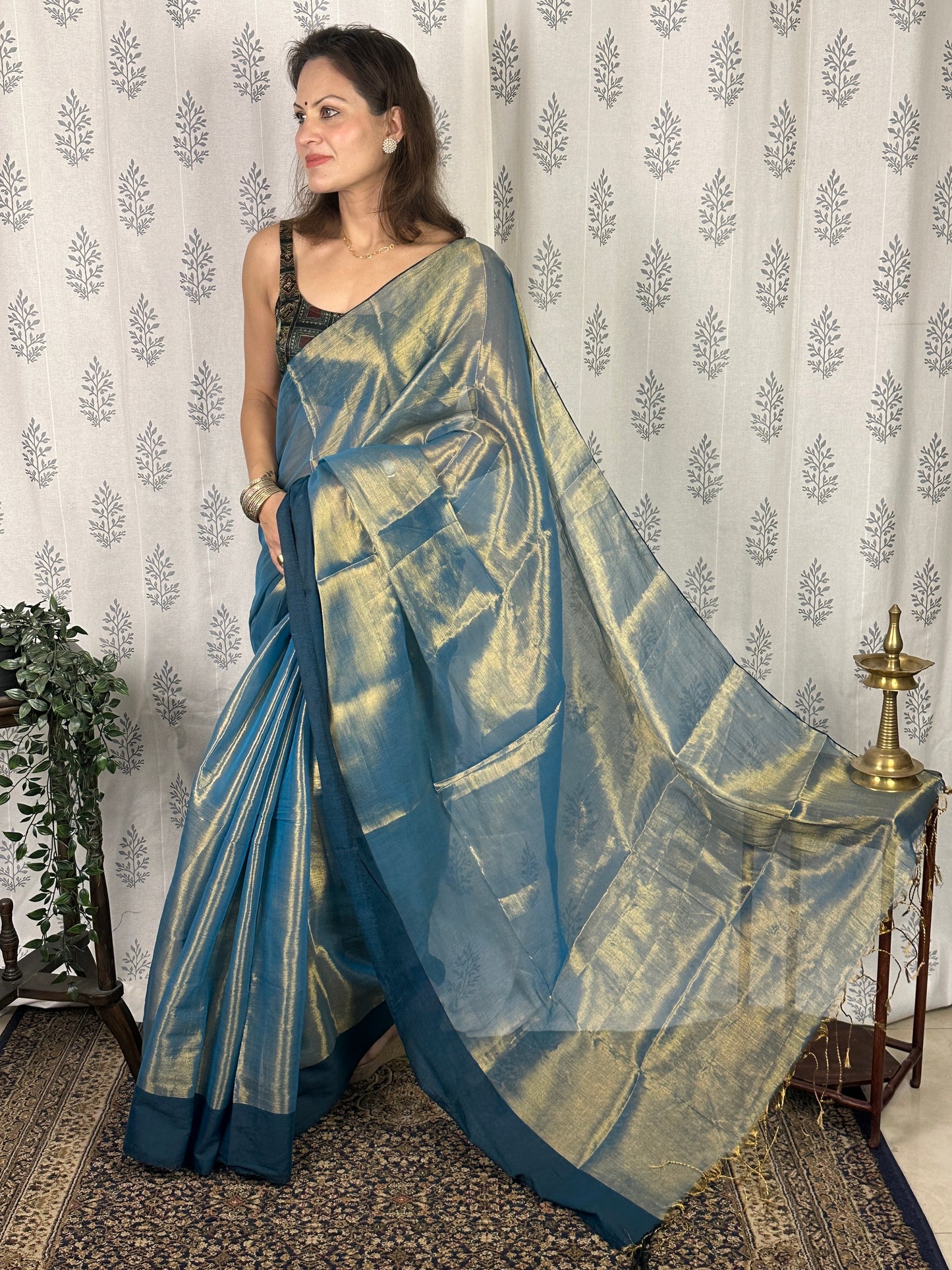Bluish Green & Gold Pure Mul Mul Handwoven Tissue Cotton Saree with Thick Navy Border