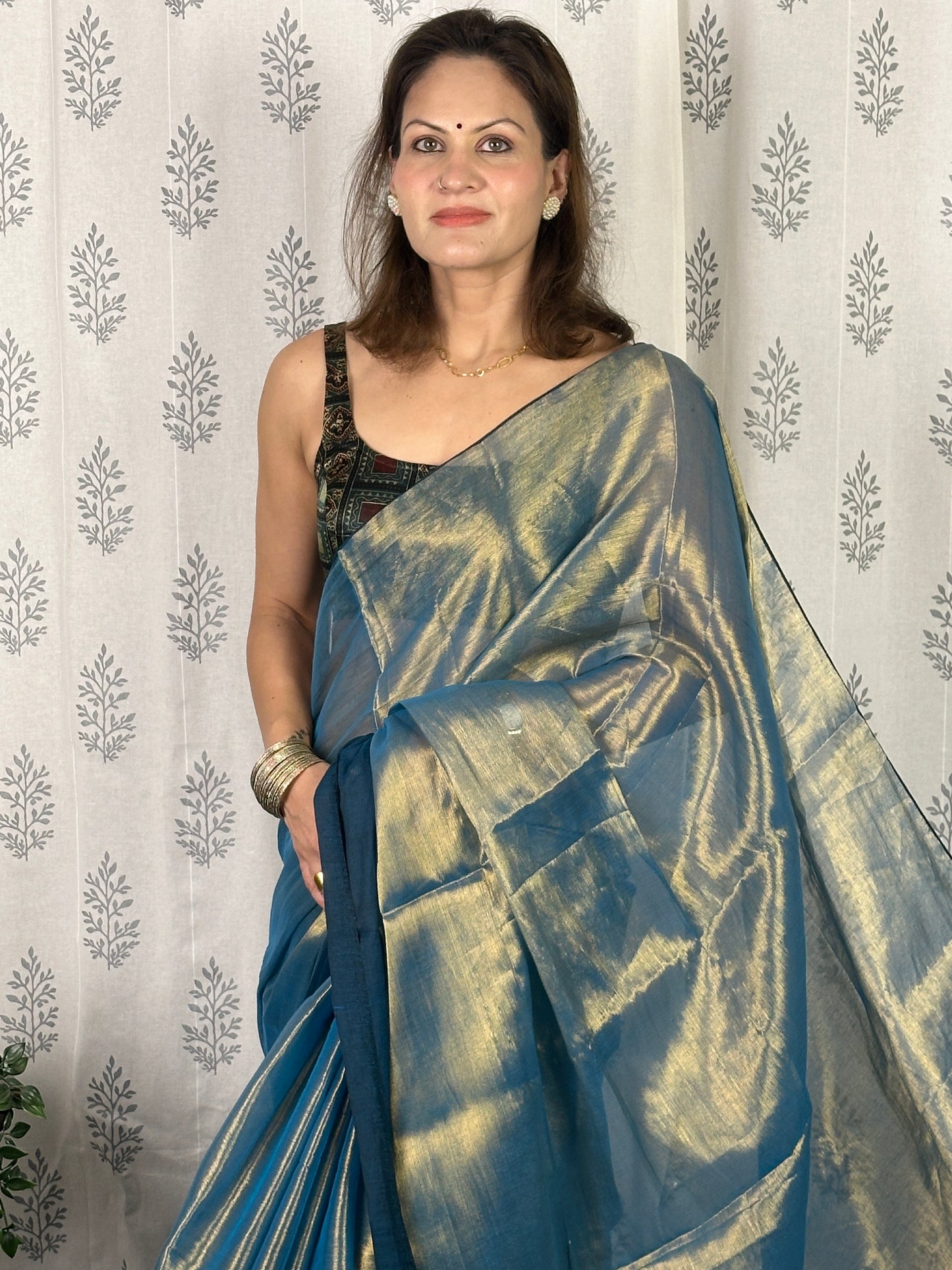 Bluish Green & Gold Pure Mul Mul Handwoven Tissue Cotton Saree with Thick Navy Border