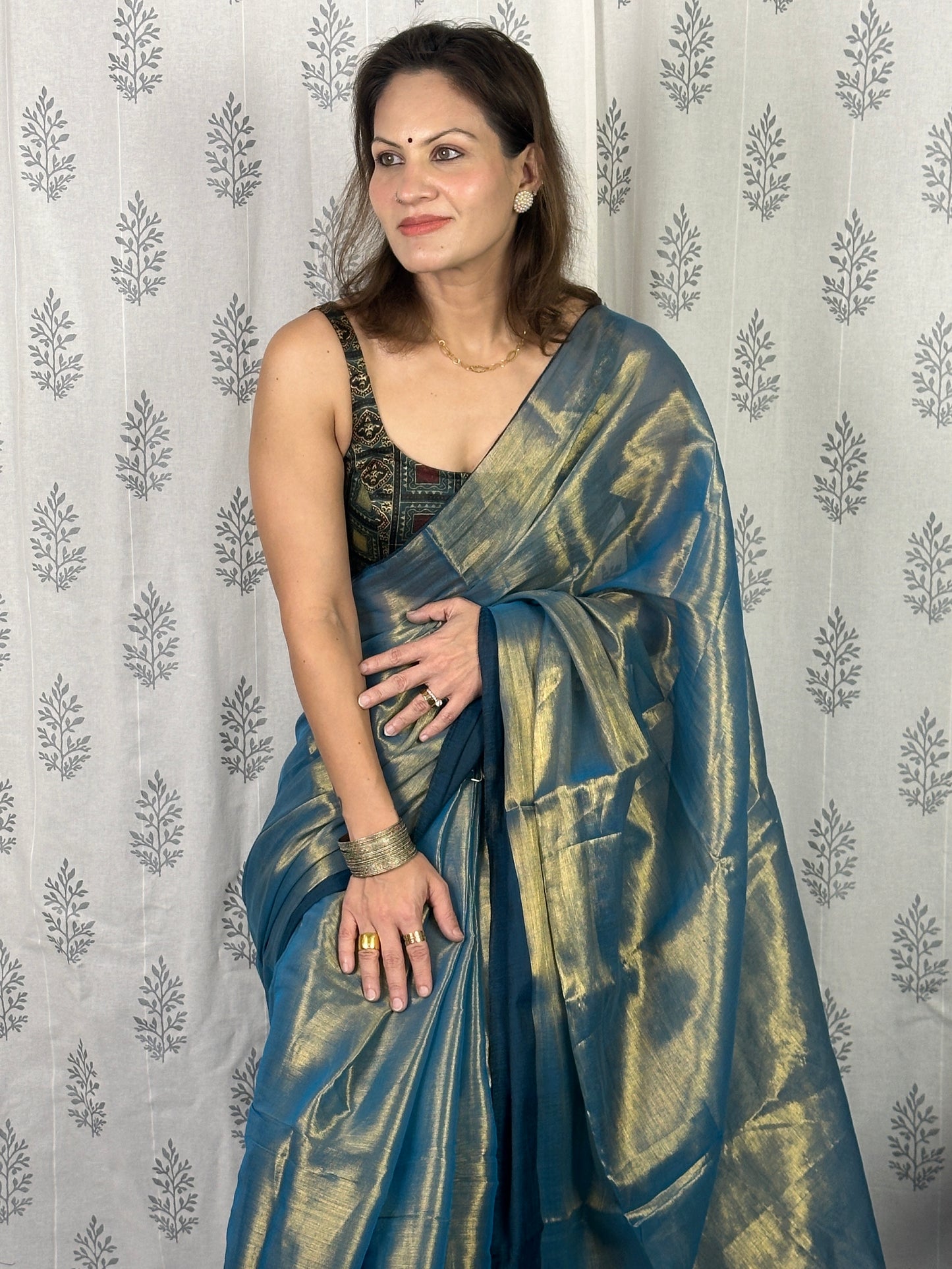 Bluish Green & Gold Pure Mul Mul Handwoven Tissue Cotton Saree with Thick Navy Border