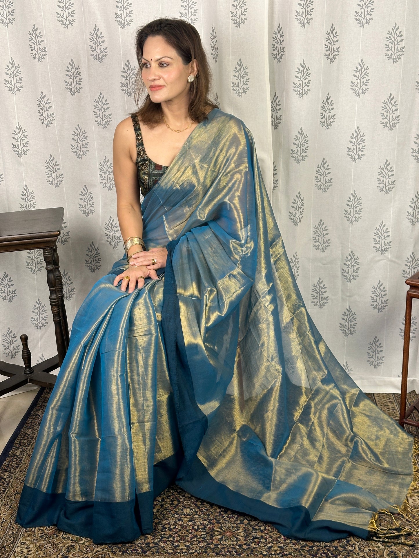 Bluish Green & Gold Pure Mul Mul Handwoven Tissue Cotton Saree with Thick Navy Border