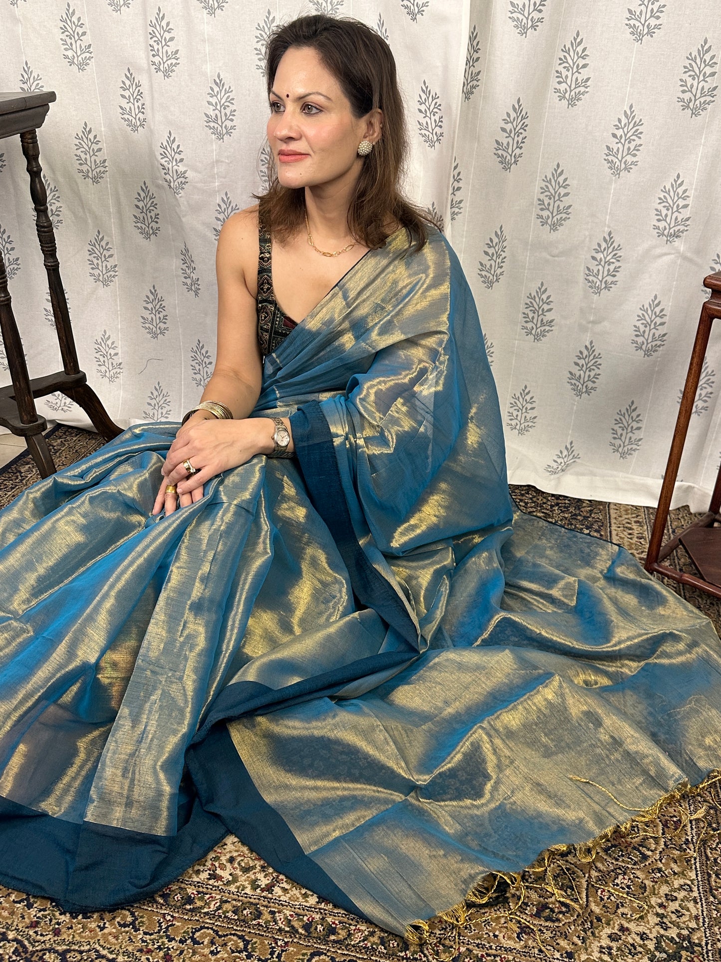 Bluish Green & Gold Pure Mul Mul Handwoven Tissue Cotton Saree with Thick Navy Border
