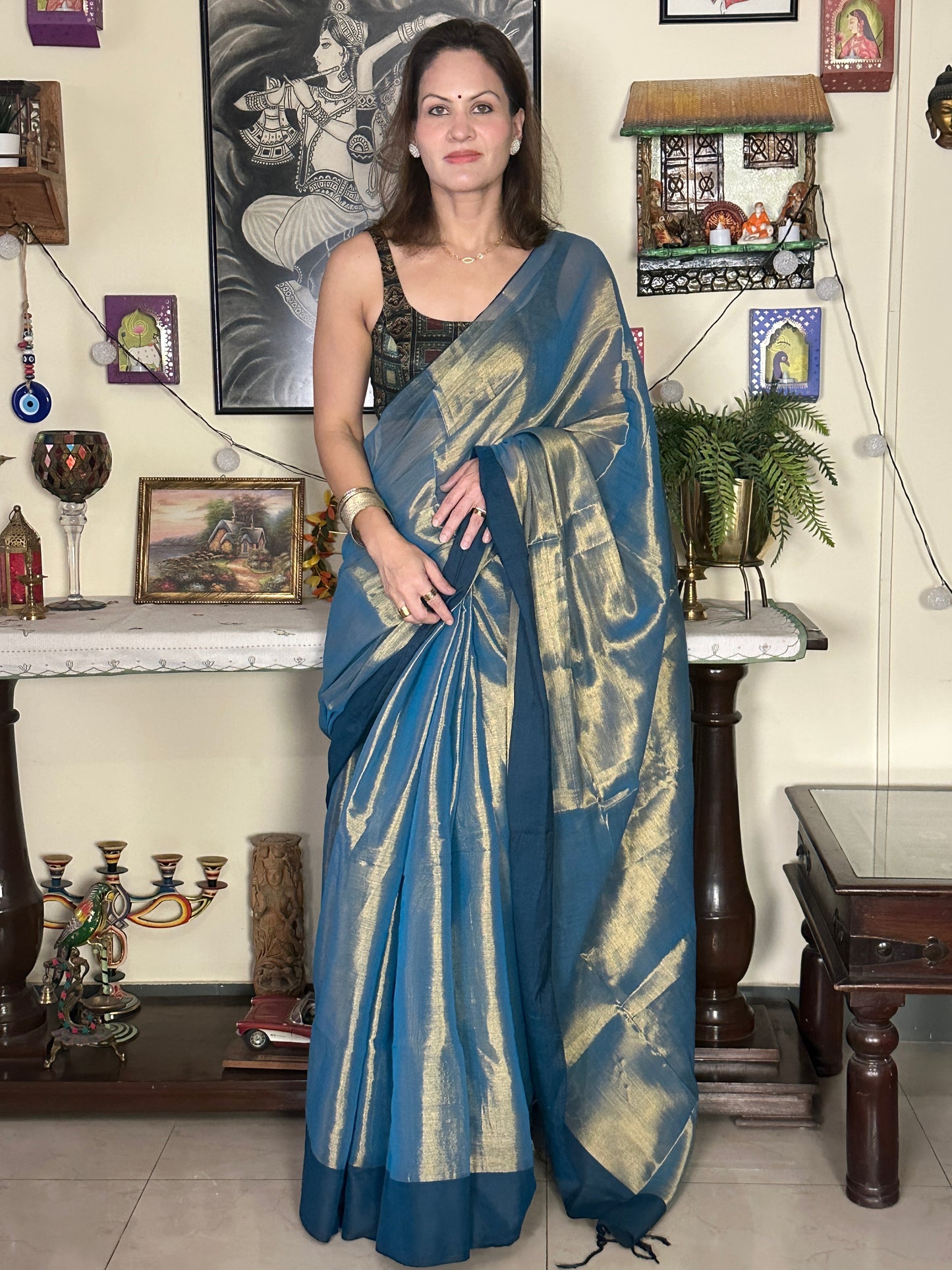 Bluish Green & Gold Pure Mul Mul Handwoven Tissue Cotton Saree with Thick Navy Border