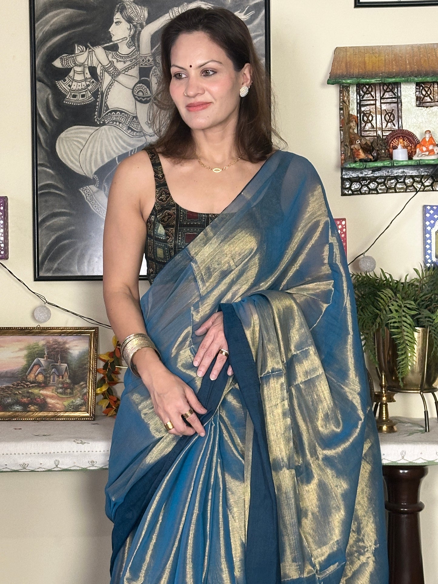 Bluish Green & Gold Pure Mul Mul Handwoven Tissue Cotton Saree with Thick Navy Border