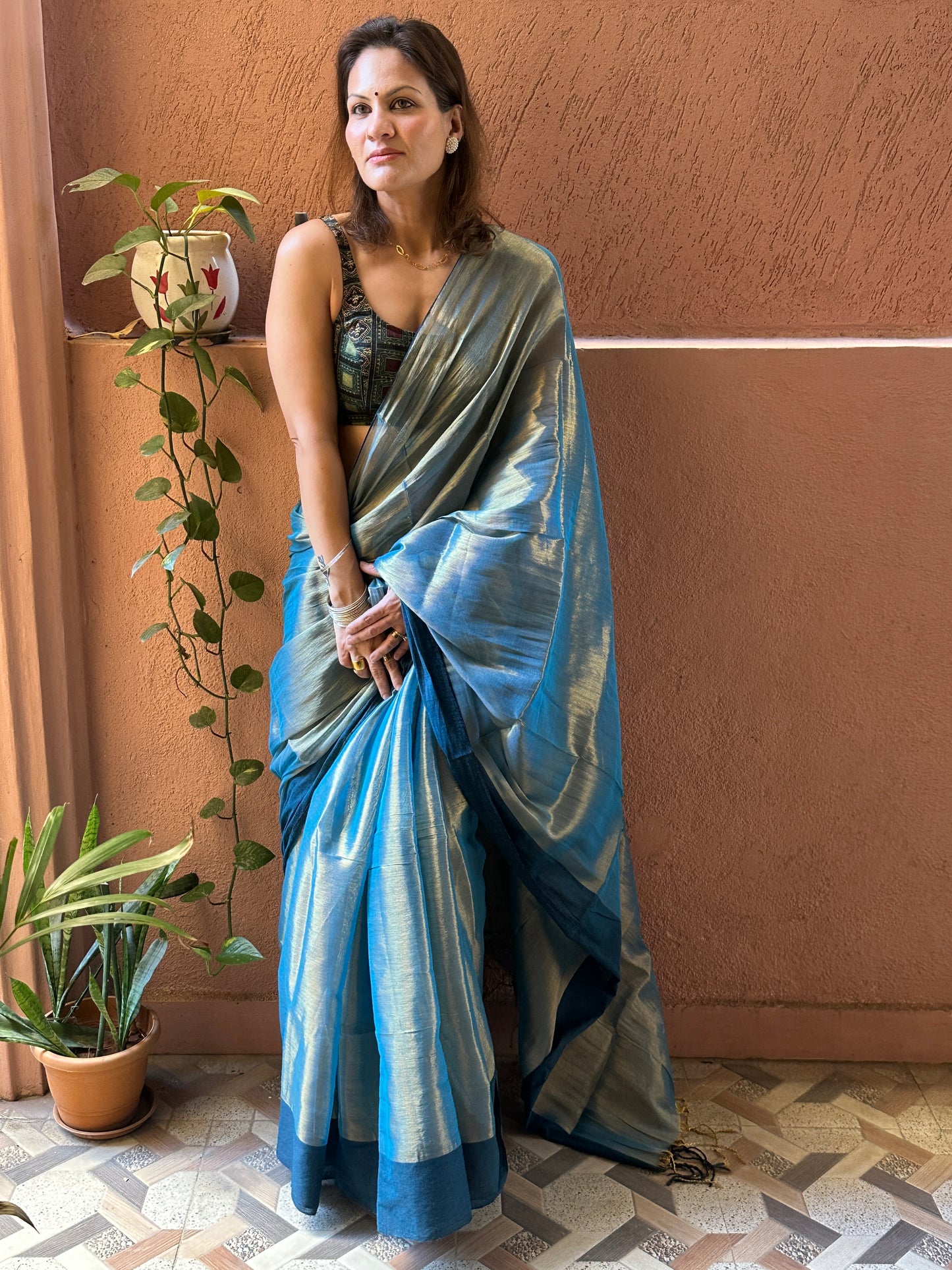 Bluish Green & Gold Pure Mul Mul Handwoven Tissue Cotton Saree with Thick Navy Border