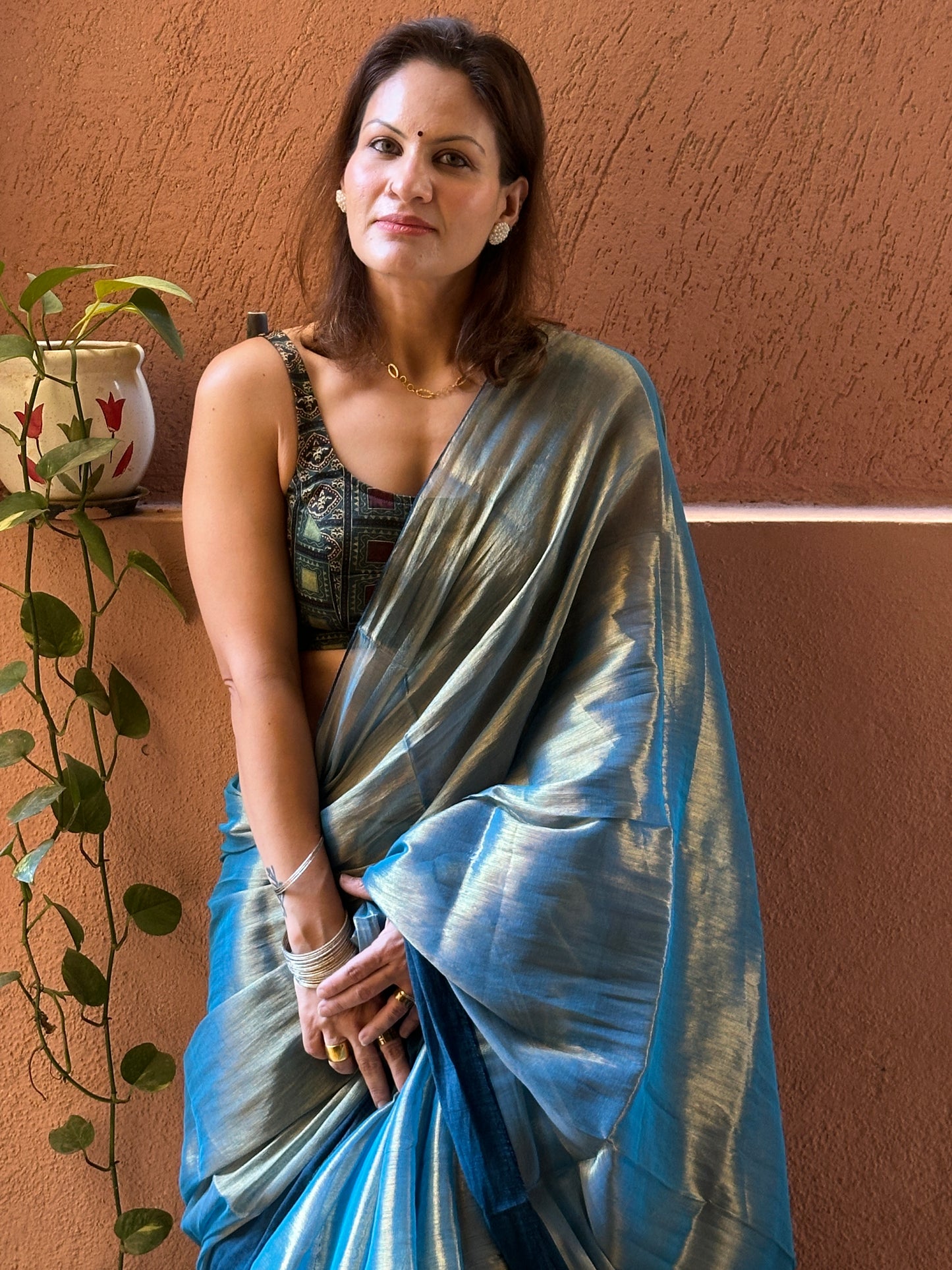 Bluish Green & Gold Pure Mul Mul Handwoven Tissue Cotton Saree with Thick Navy Border
