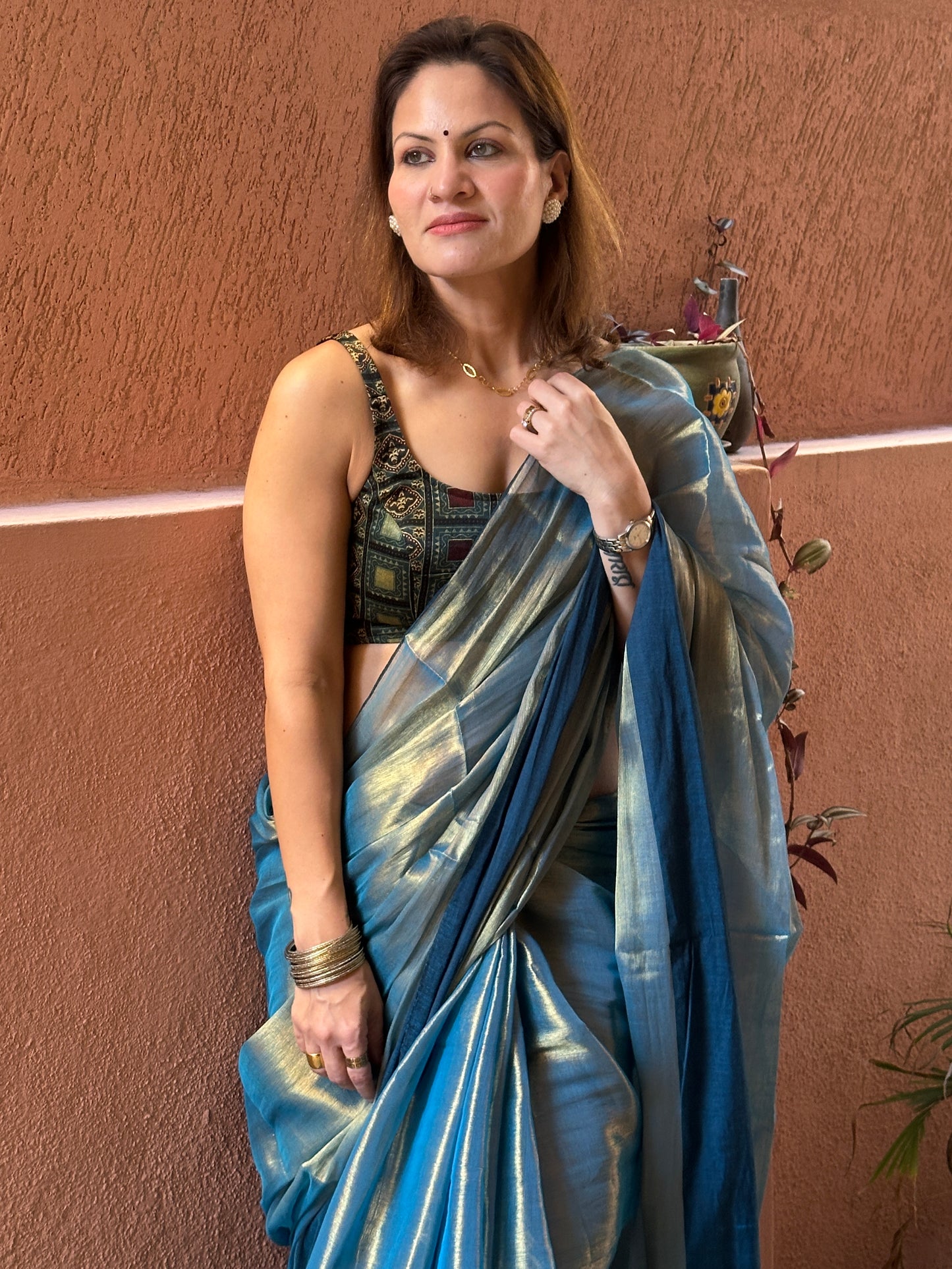 Bluish Green & Gold Pure Mul Mul Handwoven Tissue Cotton Saree with Thick Navy Border