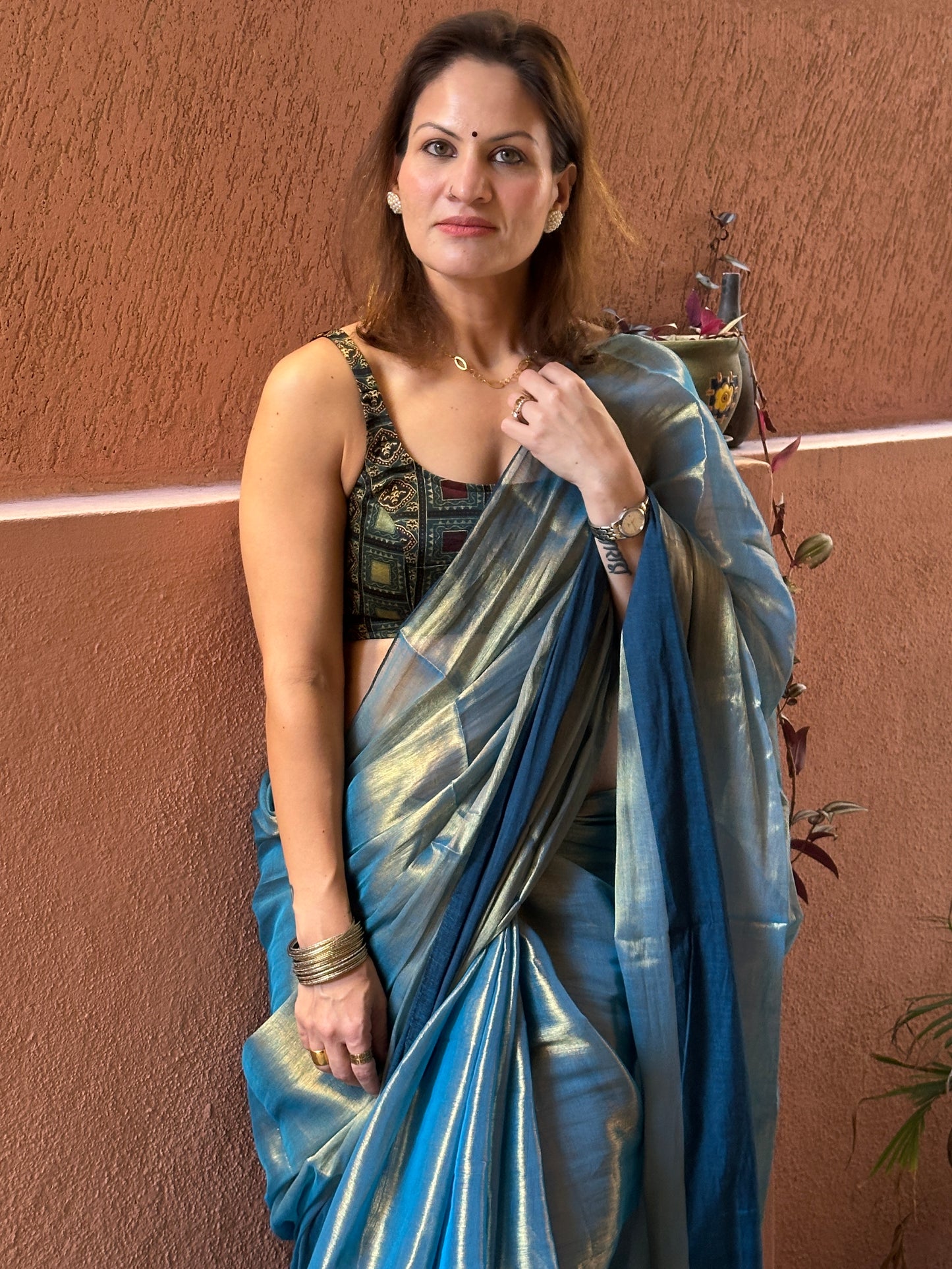 Bluish Green & Gold Pure Mul Mul Handwoven Tissue Cotton Saree with Thick Navy Border