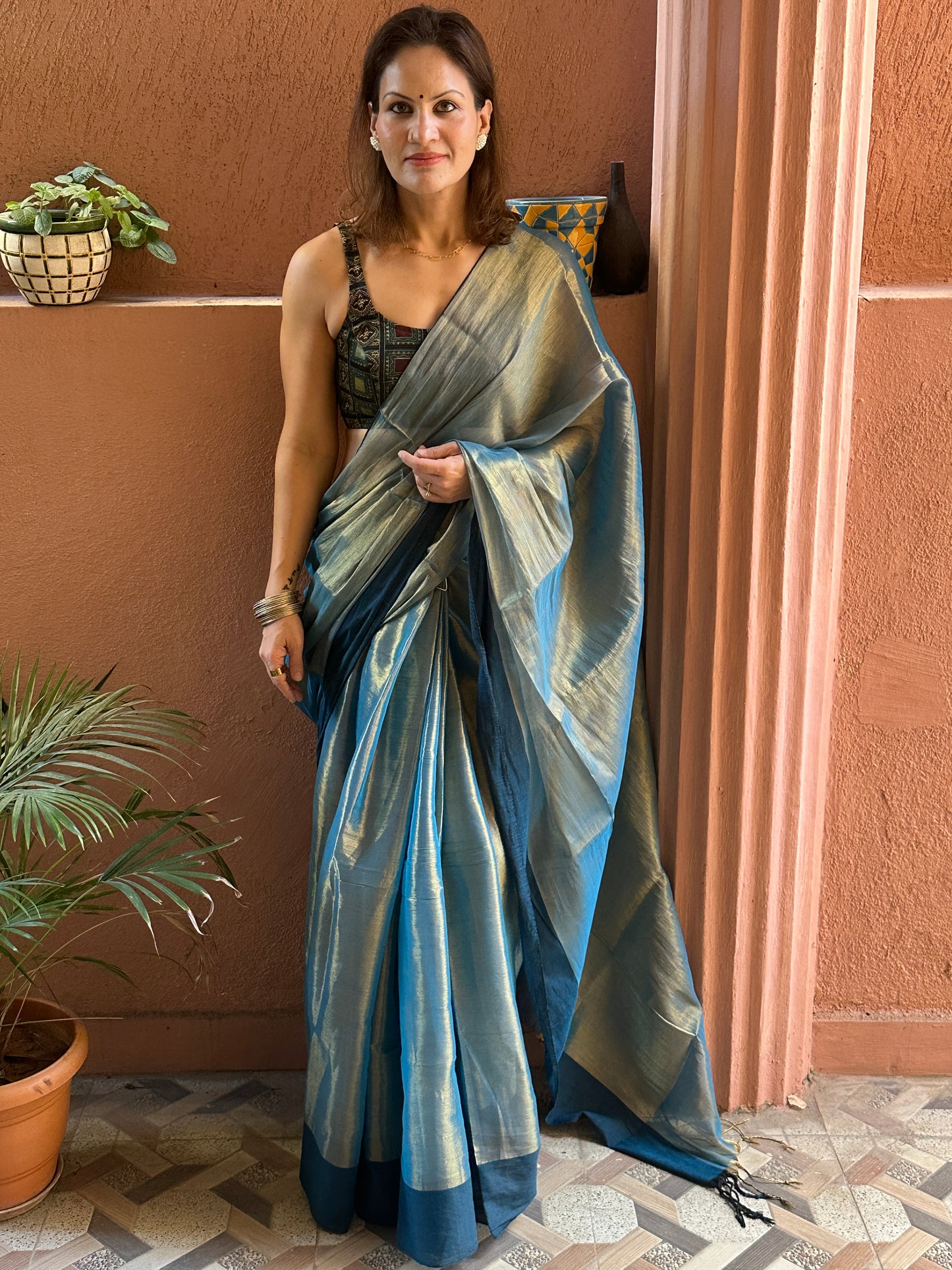 Bluish Green & Gold Pure Mul Mul Handwoven Tissue Cotton Saree with Thick Navy Border