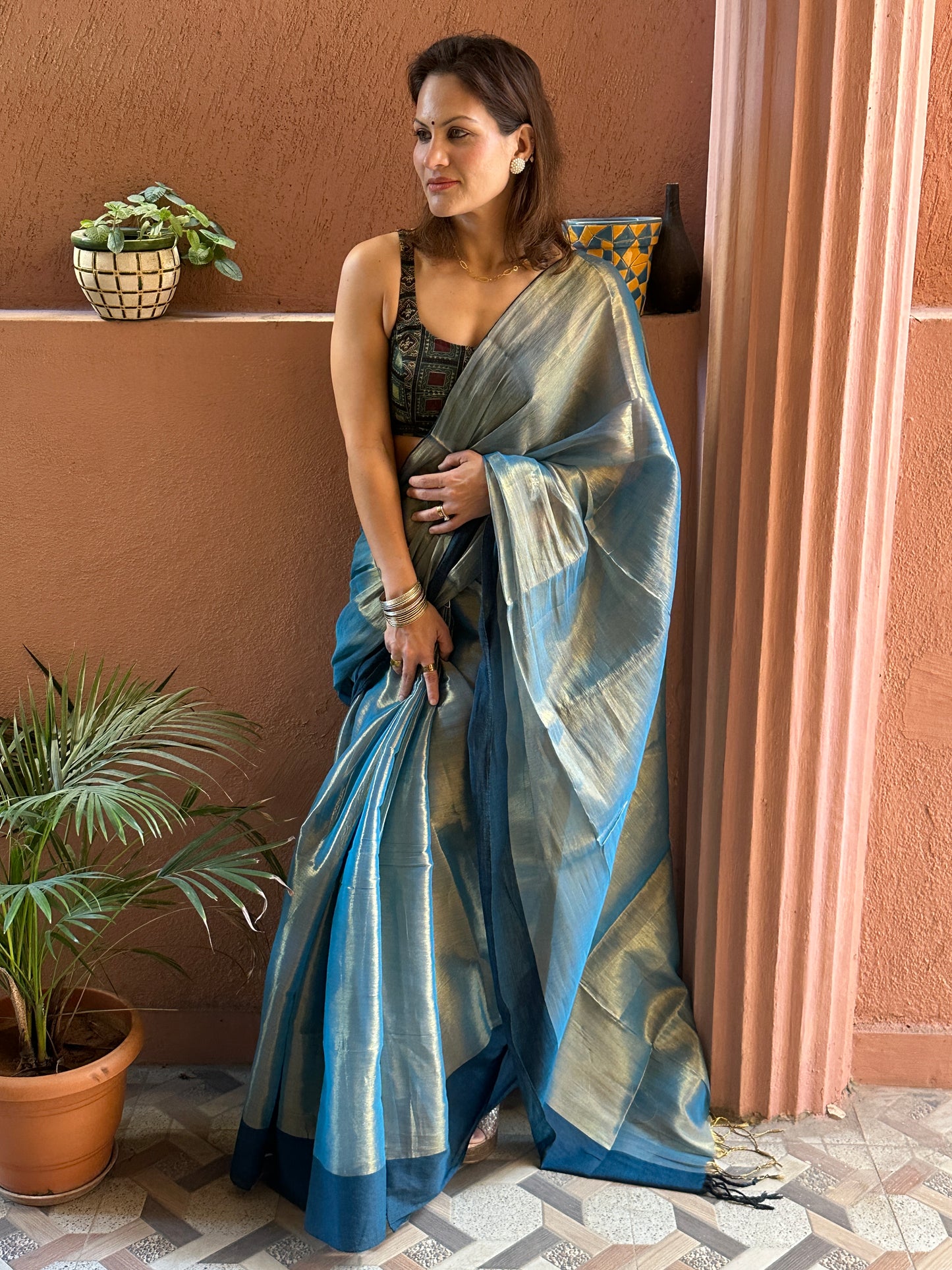 Bluish Green & Gold Pure Mul Mul Handwoven Tissue Cotton Saree with Thick Navy Border