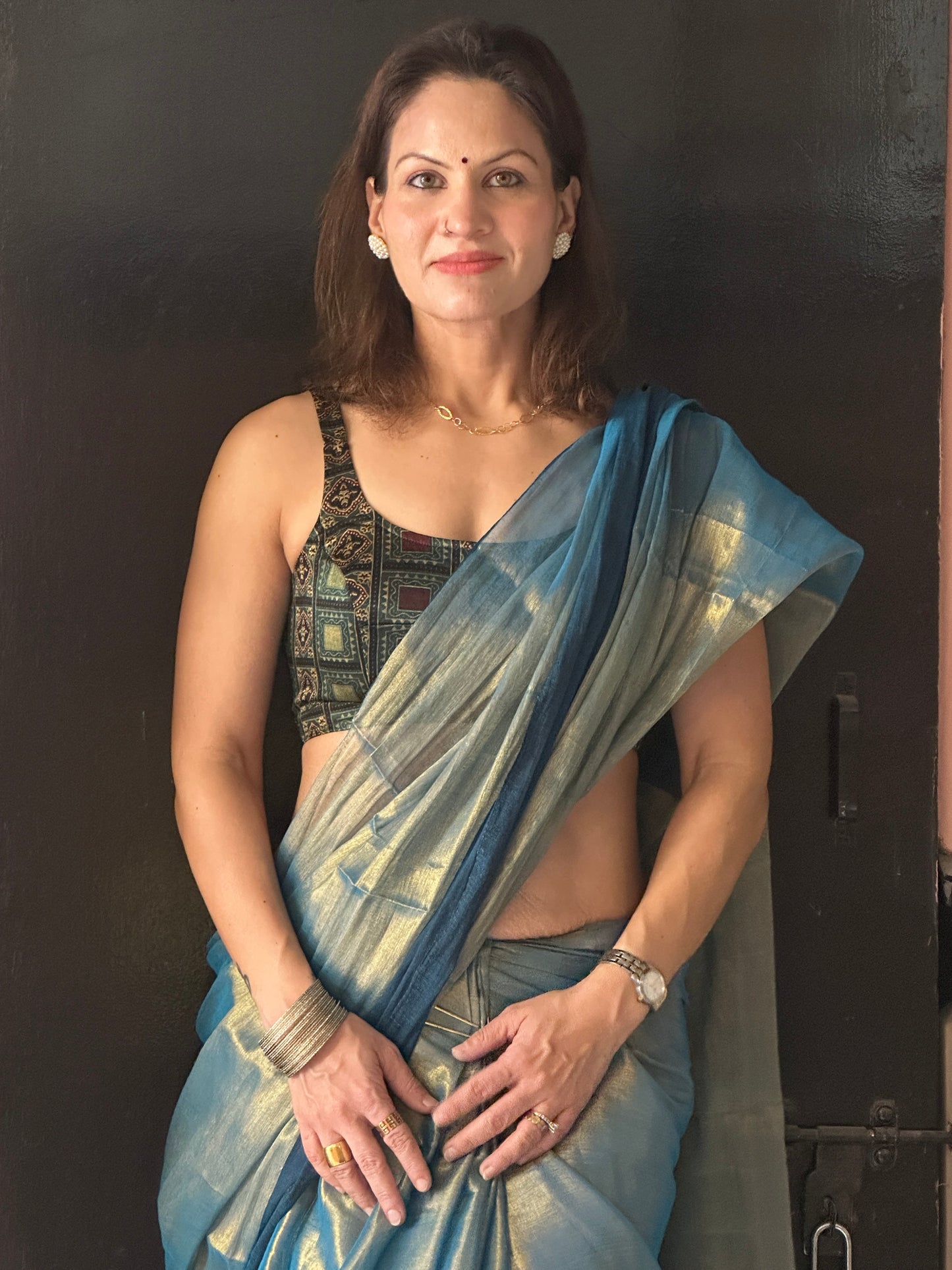 Bluish Green & Gold Pure Mul Mul Handwoven Tissue Cotton Saree with Thick Navy Border