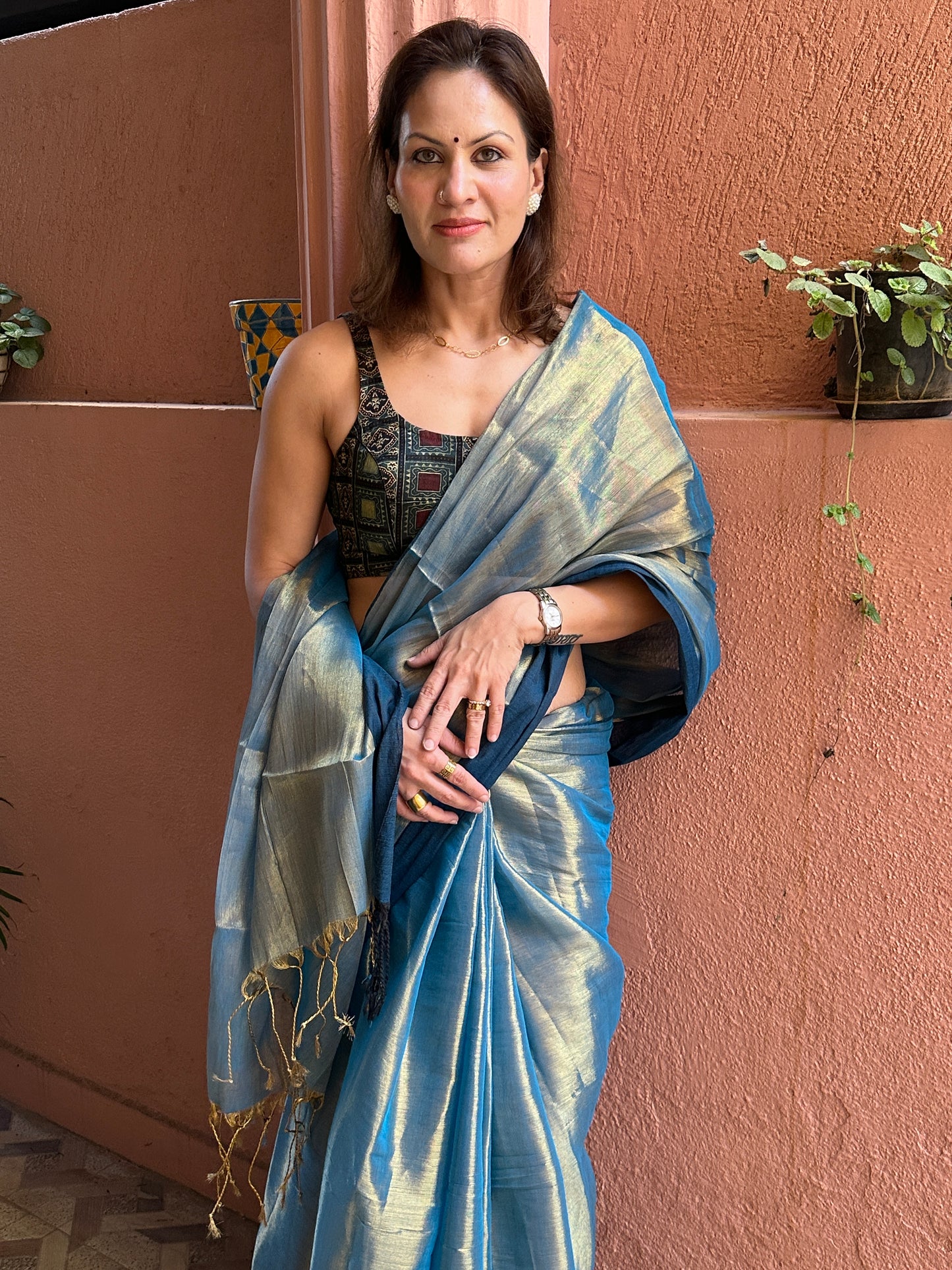 Bluish Green & Gold Pure Mul Mul Handwoven Tissue Cotton Saree with Thick Navy Border