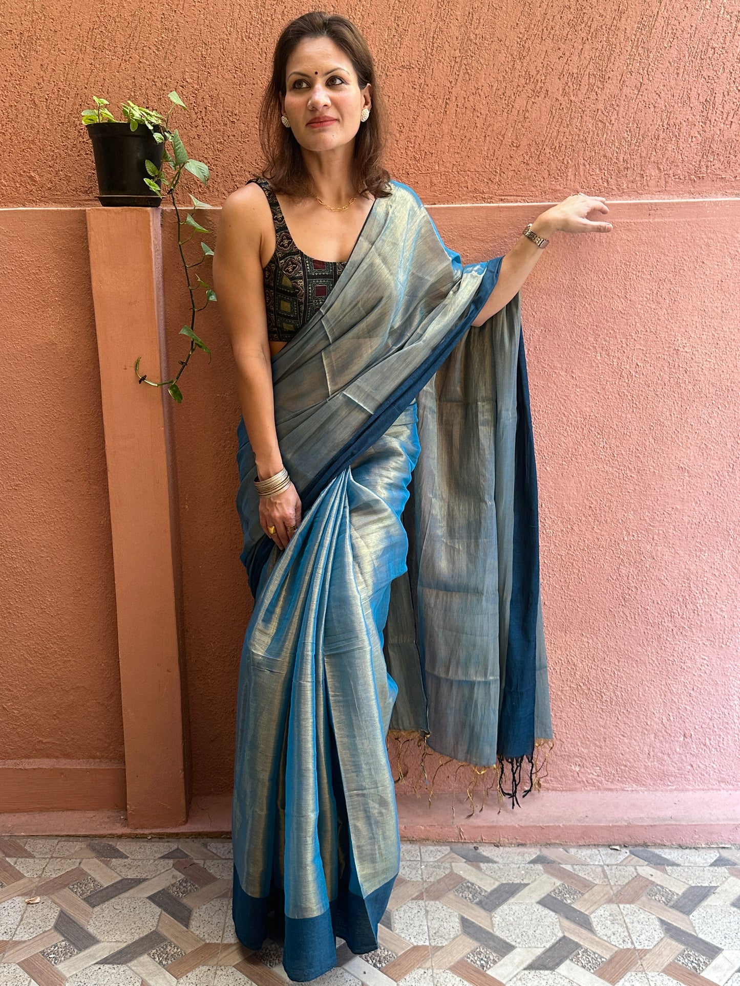 Bluish Green & Gold Pure Mul Mul Handwoven Tissue Cotton Saree with Thick Navy Border