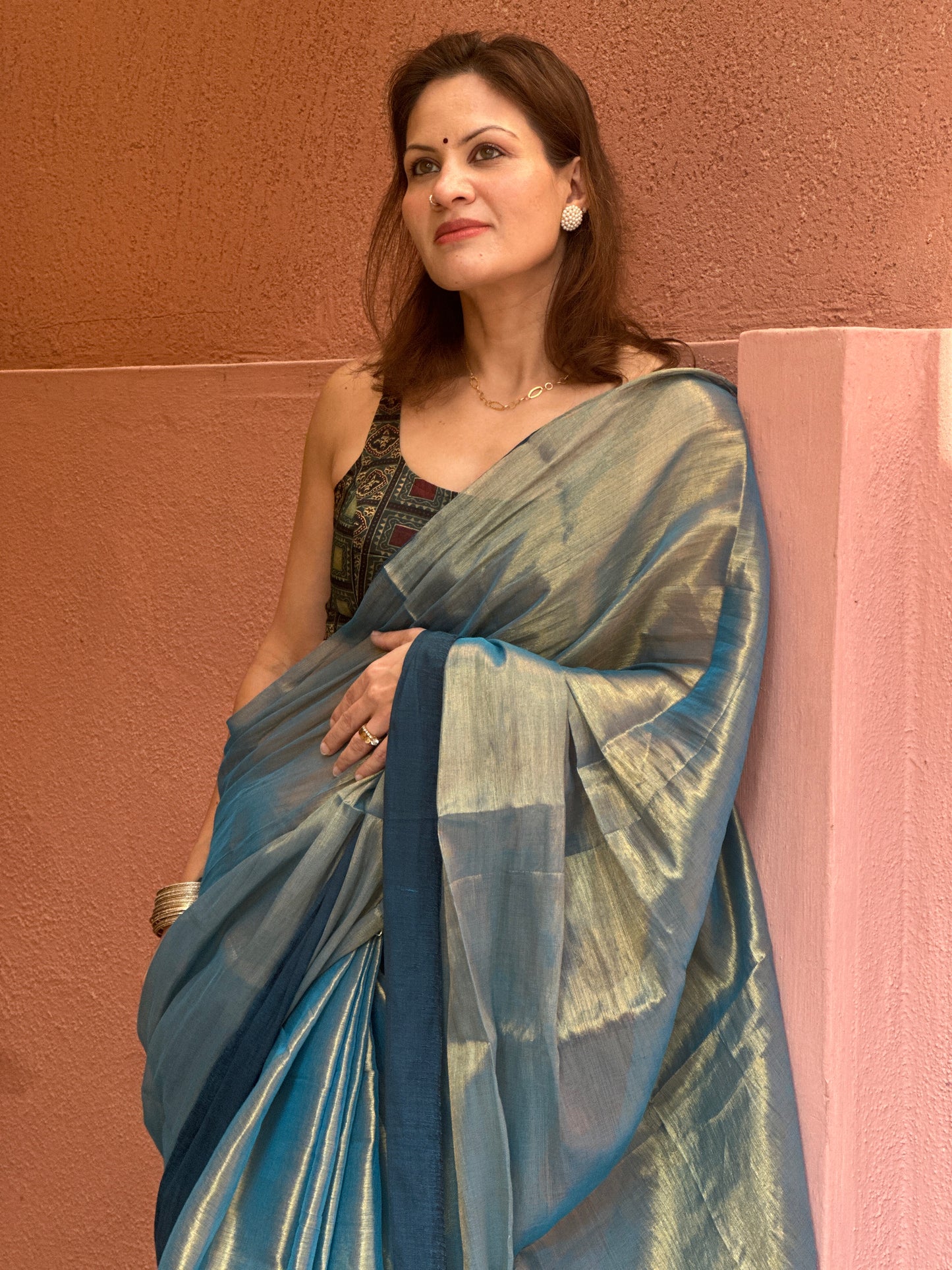 Bluish Green & Gold Pure Mul Mul Handwoven Tissue Cotton Saree with Thick Navy Border