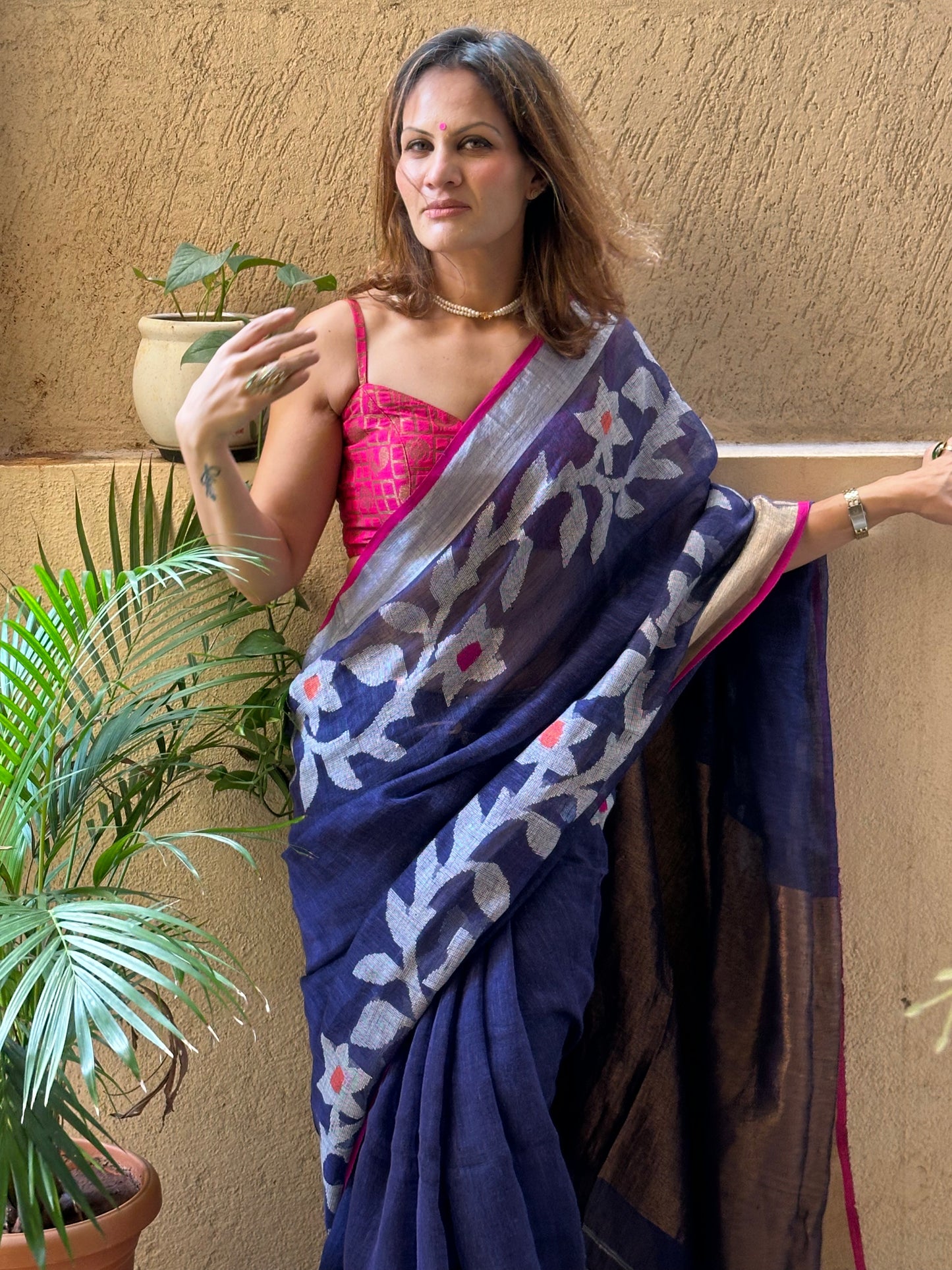 Blue Handloom Pure Linen Jamdani Sari with Contrast Pink, Gold, & Silver Border & Zari Woven Pallu