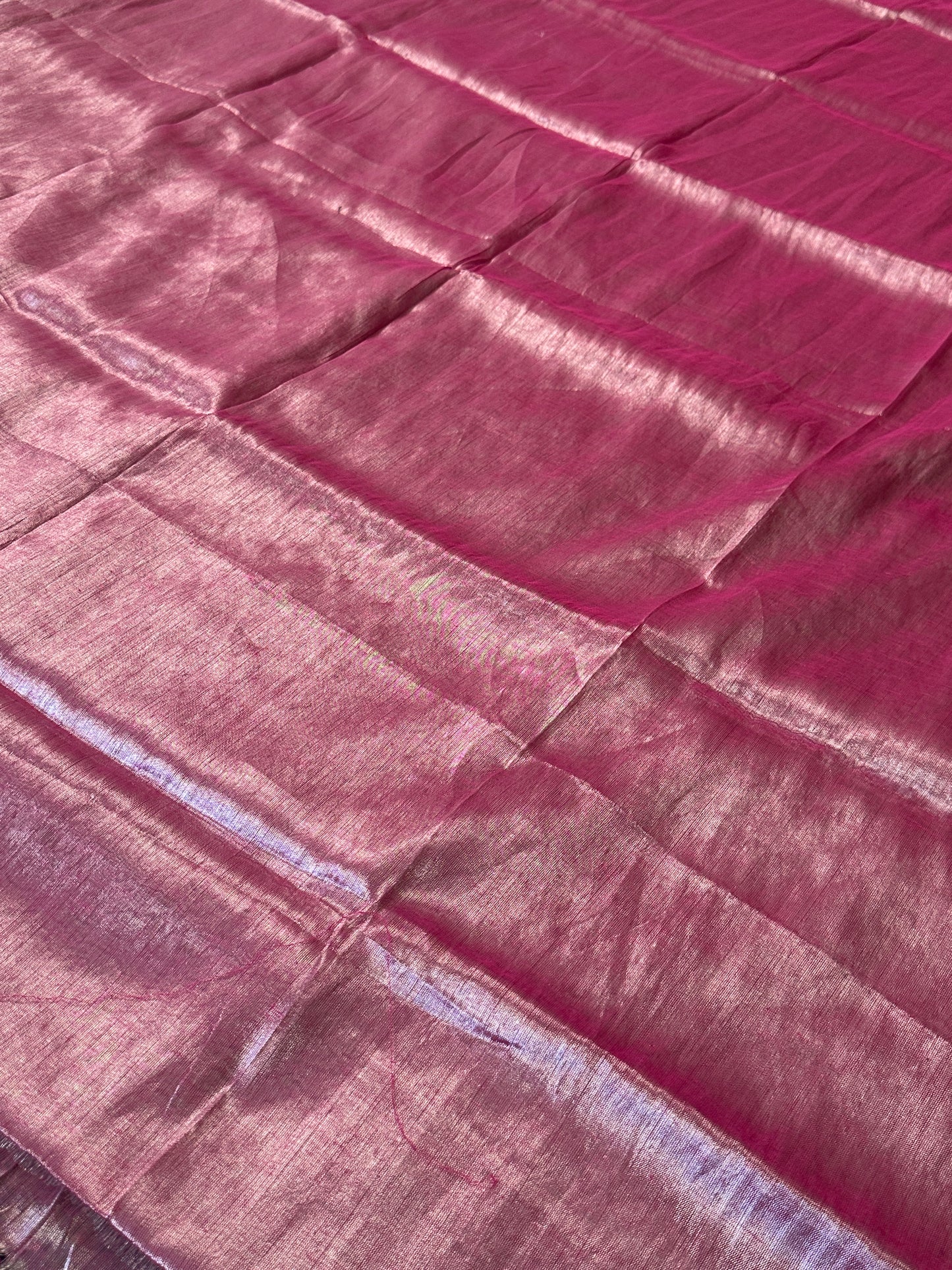 Champagne Pink & Silver Pure Mul Mul Handwoven Tissue Cotton Saree (Borderless)