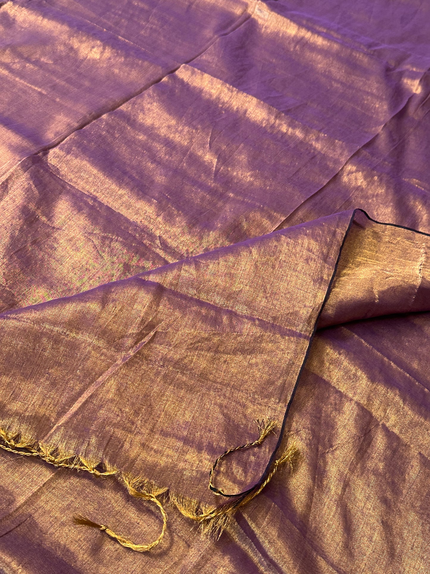 Antique Gold & Purple Blend Pure Mul Mul Handwoven Tissue Cotton Saree with Thick Black Border