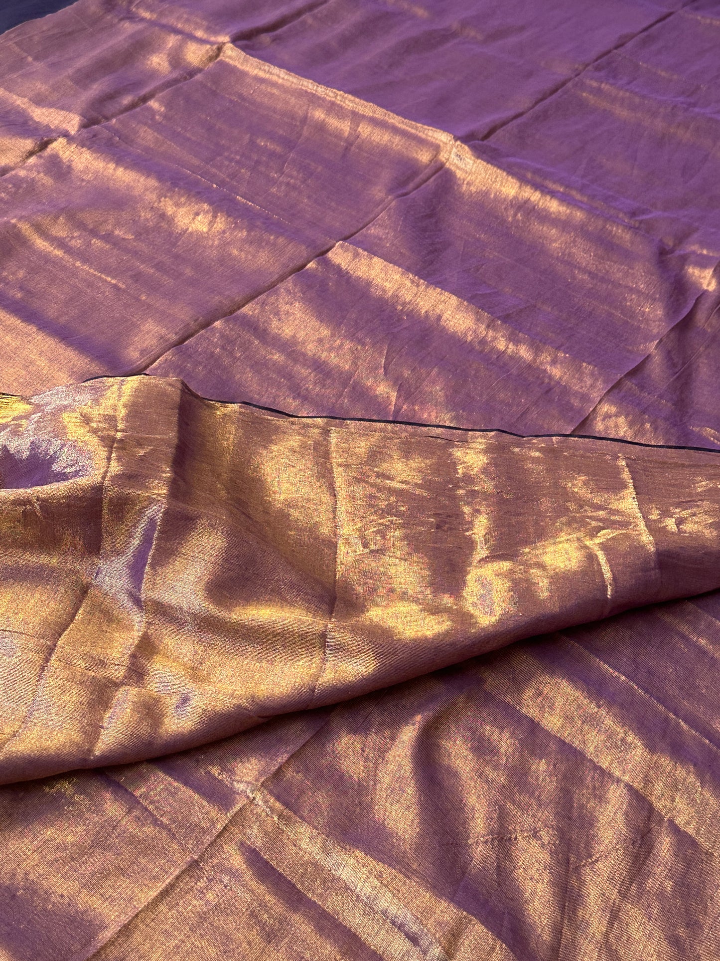 Antique Gold & Purple Blend Pure Mul Mul Handwoven Tissue Cotton Saree with Thick Black Border