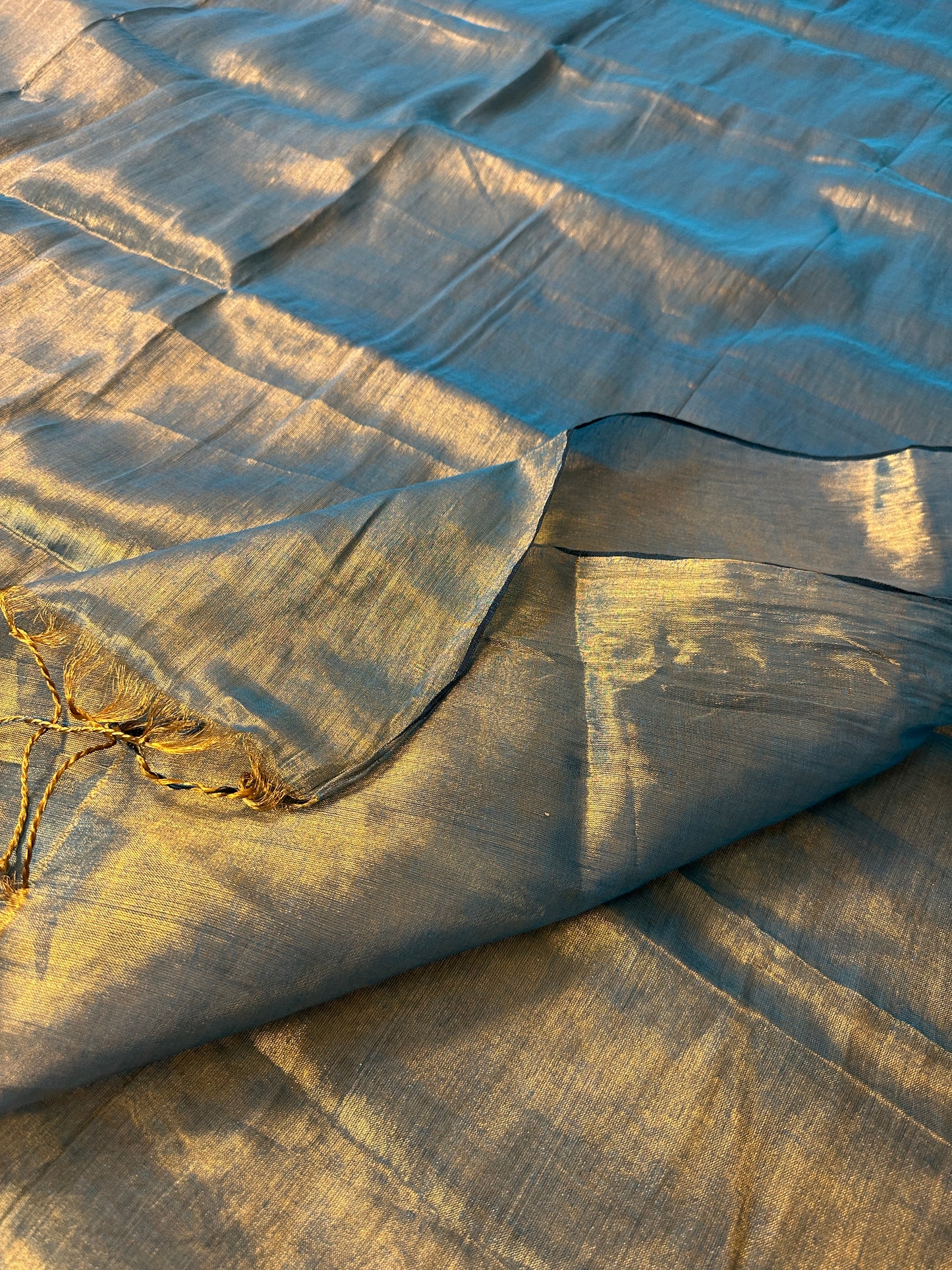 Bluish Green & Gold Pure Mul Mul Handwoven Tissue Cotton Saree with Thick Navy Border