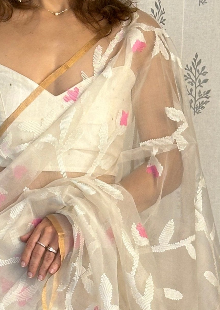Cream Pure Muslin Silk Jamdani Saree with Intricate Hand Work
