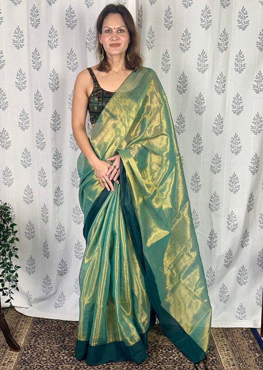 Moss Green & Gold Pure Mul Mul Handwoven Tissue Cotton Saree with Thick Green Border