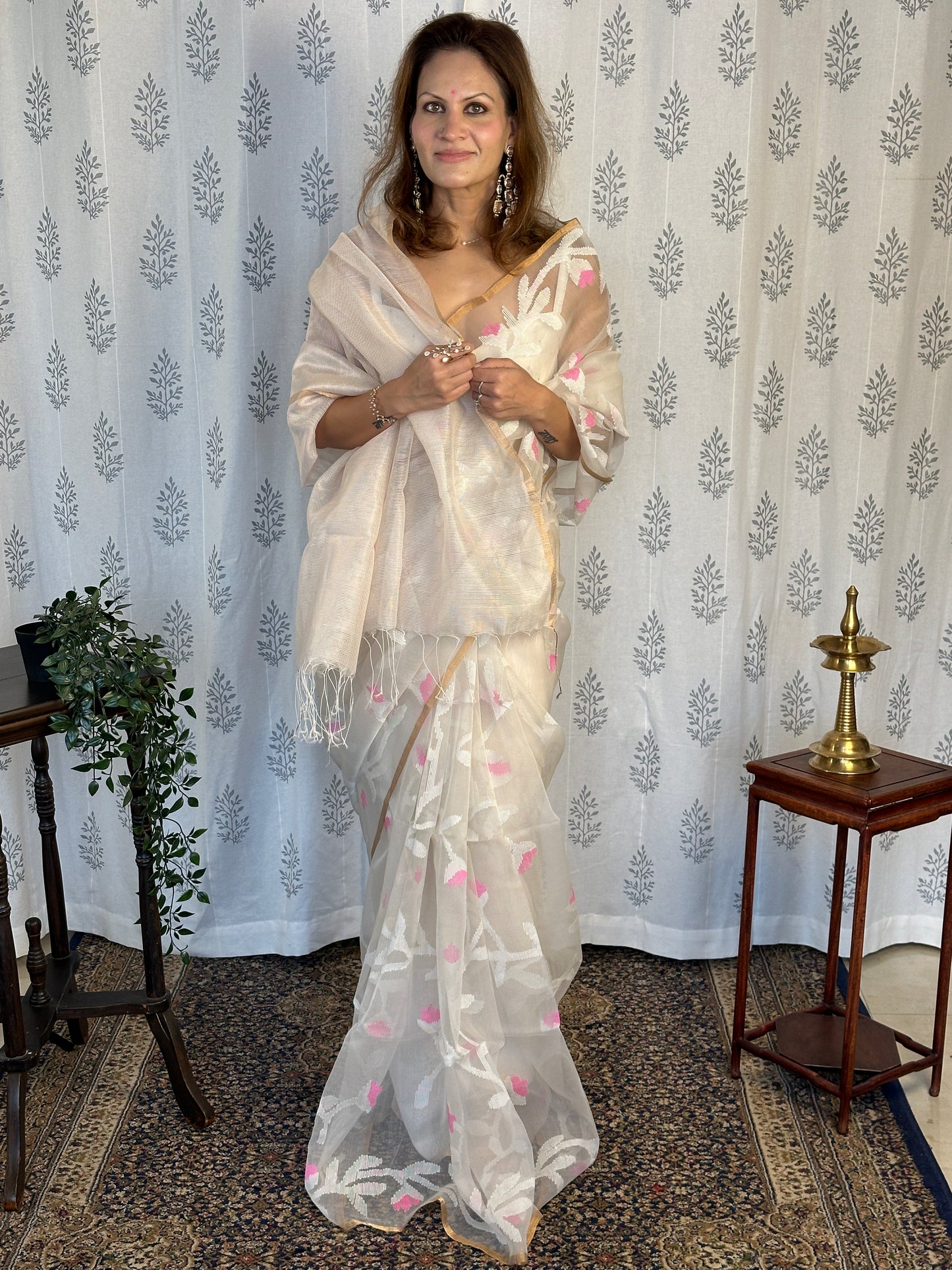 Cream Pure Muslin Silk Jamdani Saree with Intricate Hand Work