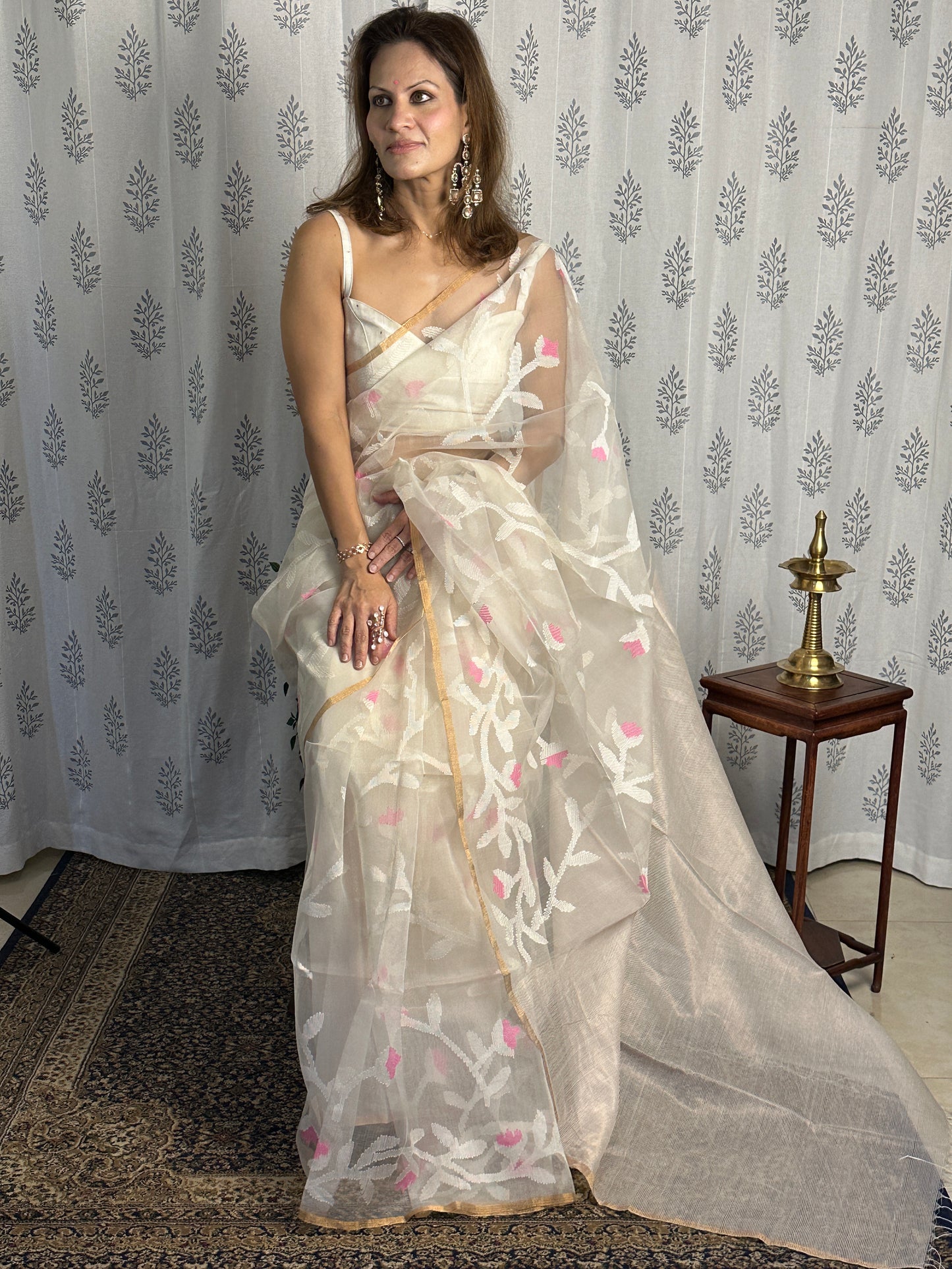 Cream Pure Muslin Silk Jamdani Saree with Intricate Hand Work