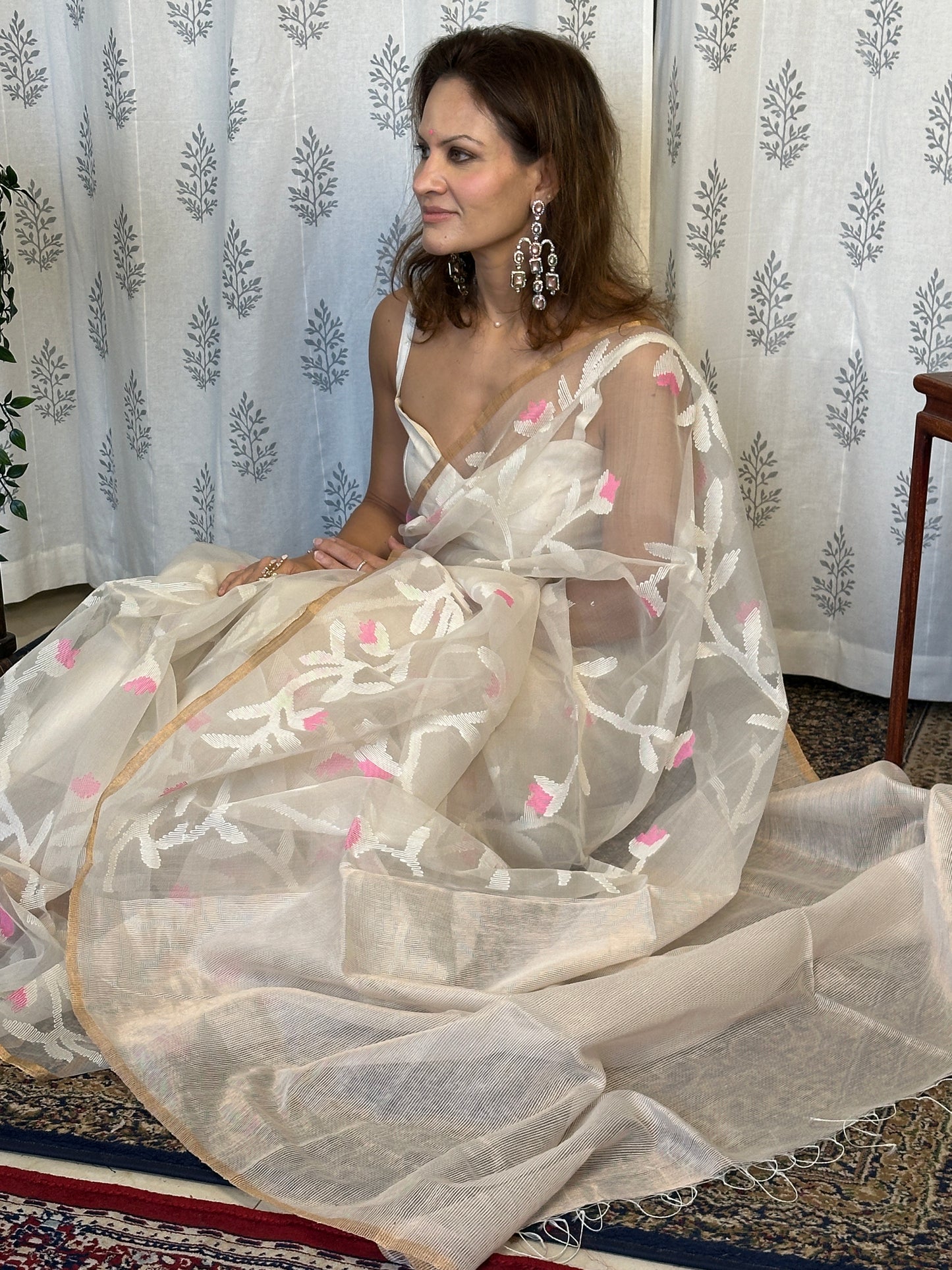 Cream Pure Muslin Silk Jamdani Saree with Intricate Hand Work