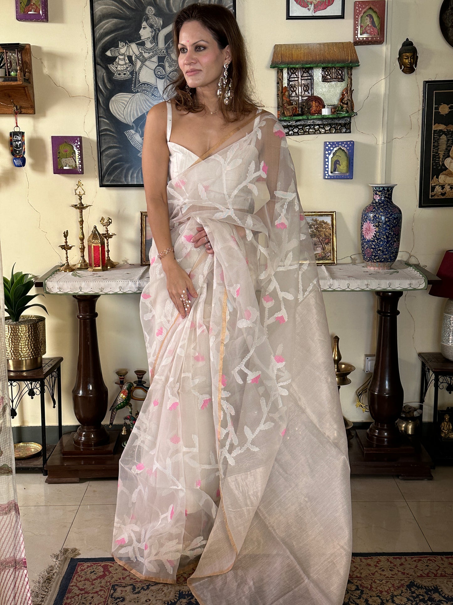 Cream Pure Muslin Silk Jamdani Saree with Intricate Hand Work