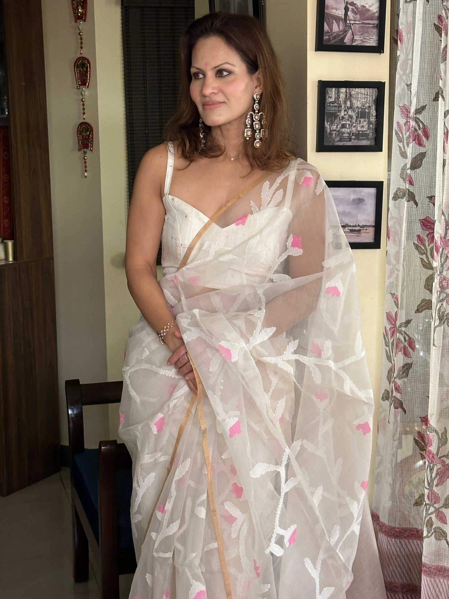 Cream Pure Muslin Silk Jamdani Saree with Intricate Hand Work