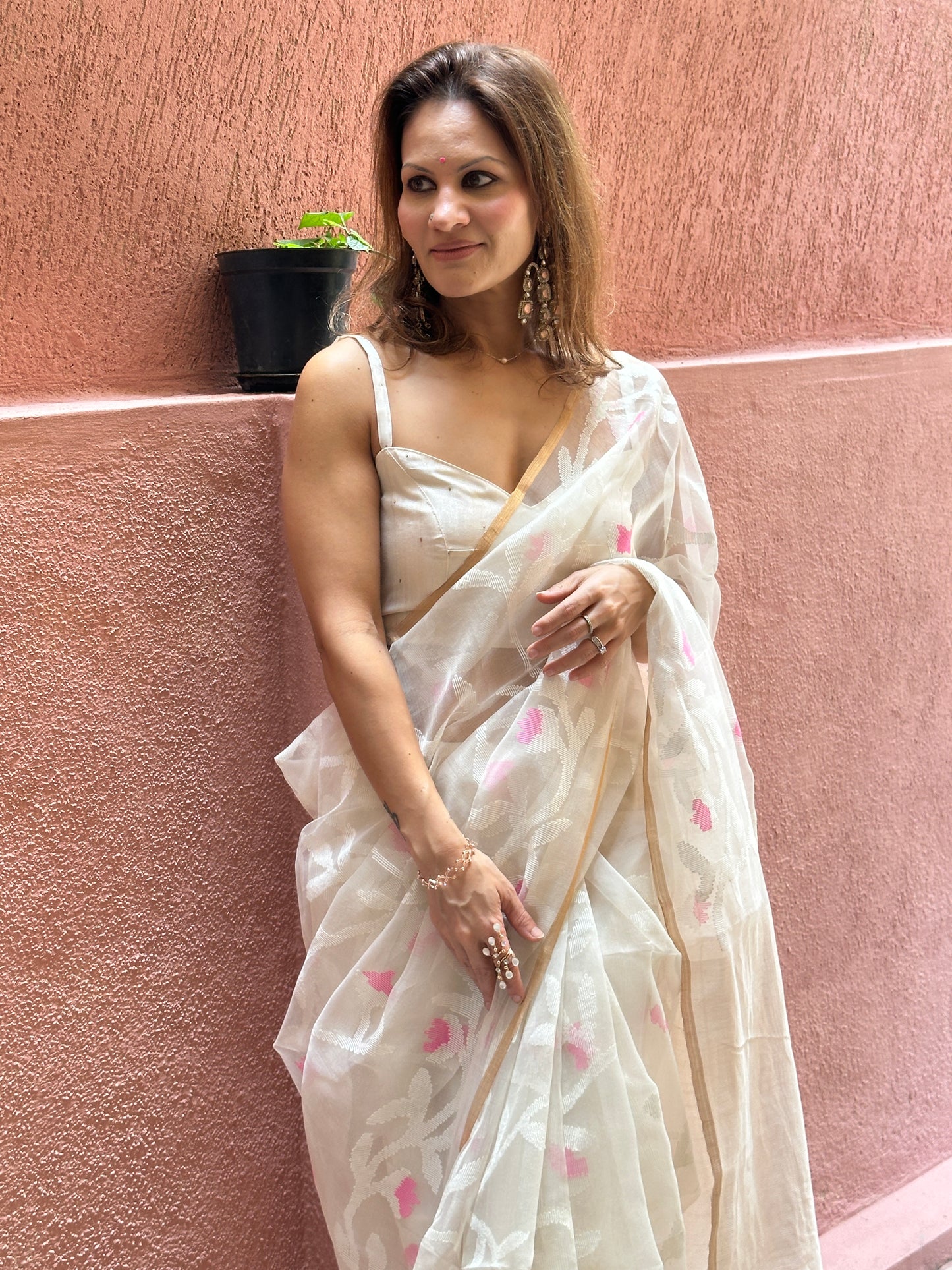 Cream Pure Muslin Silk Jamdani Saree with Intricate Hand Work