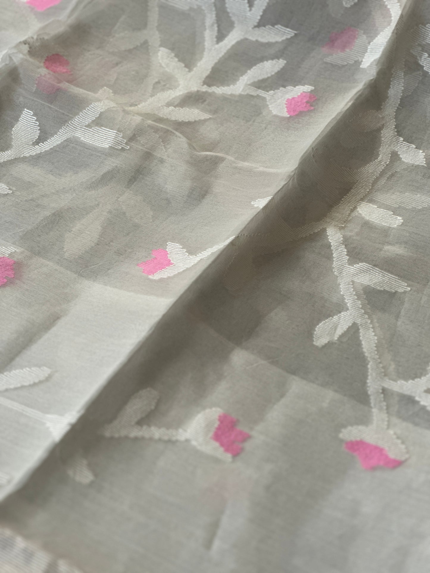 Cream Pure Muslin Silk Jamdani Saree with Intricate Hand Work