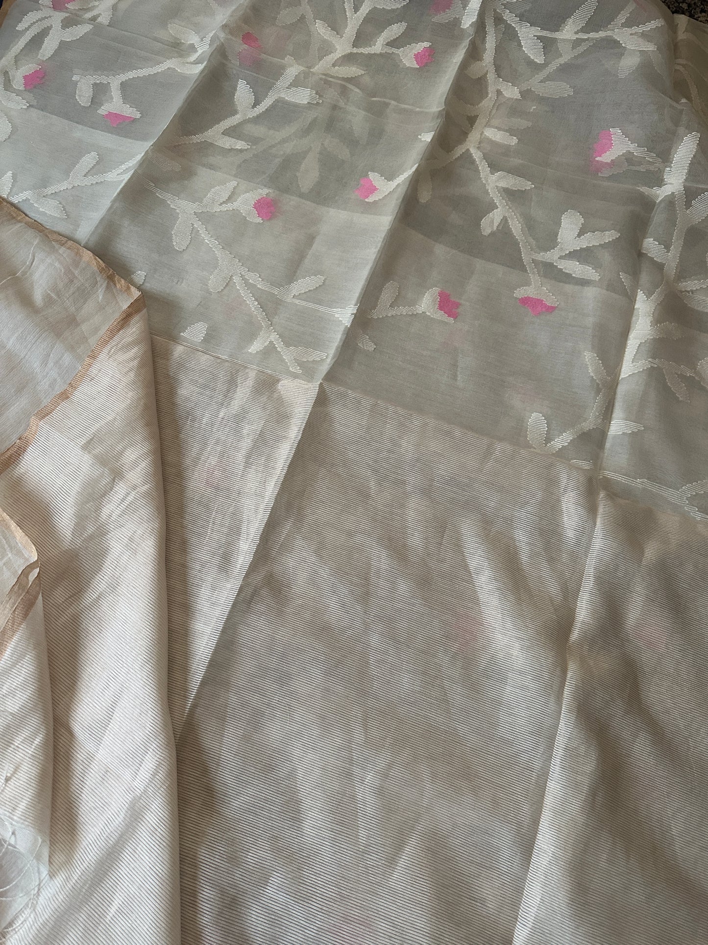 Cream Pure Muslin Silk Jamdani Saree with Intricate Hand Work