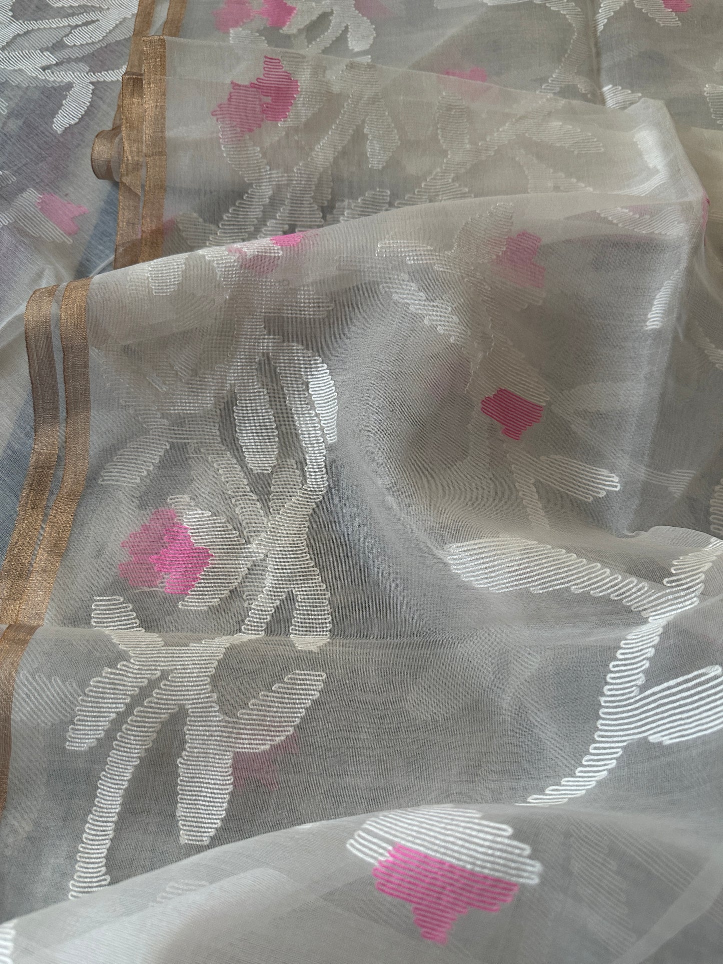Cream Pure Muslin Silk Jamdani Saree with Intricate Hand Work