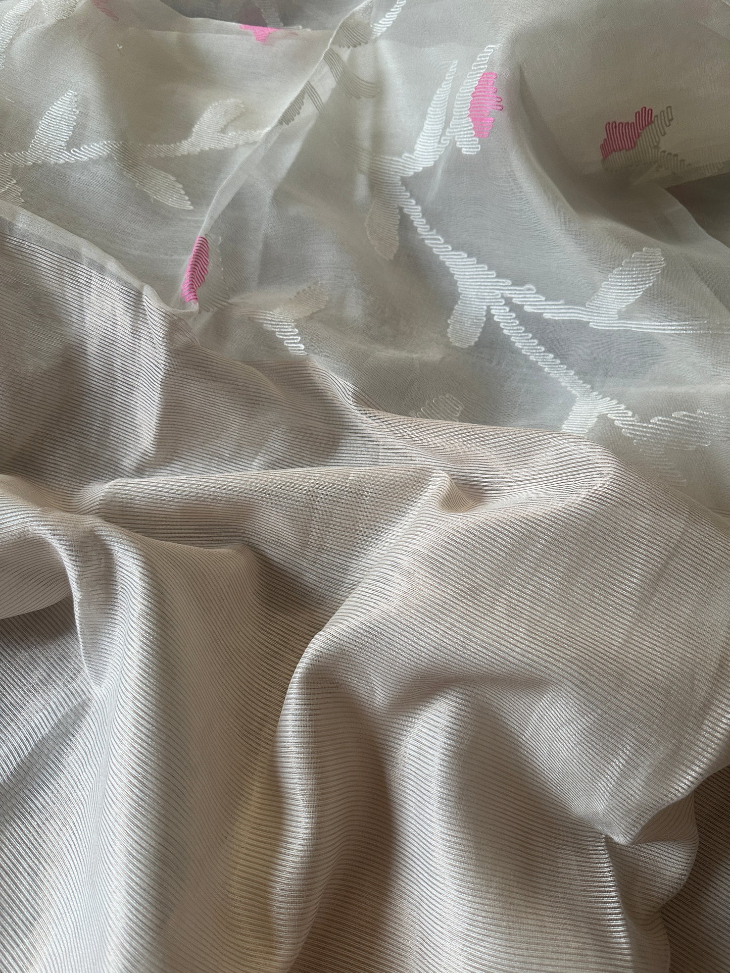 Cream Pure Muslin Silk Jamdani Saree with Intricate Hand Work