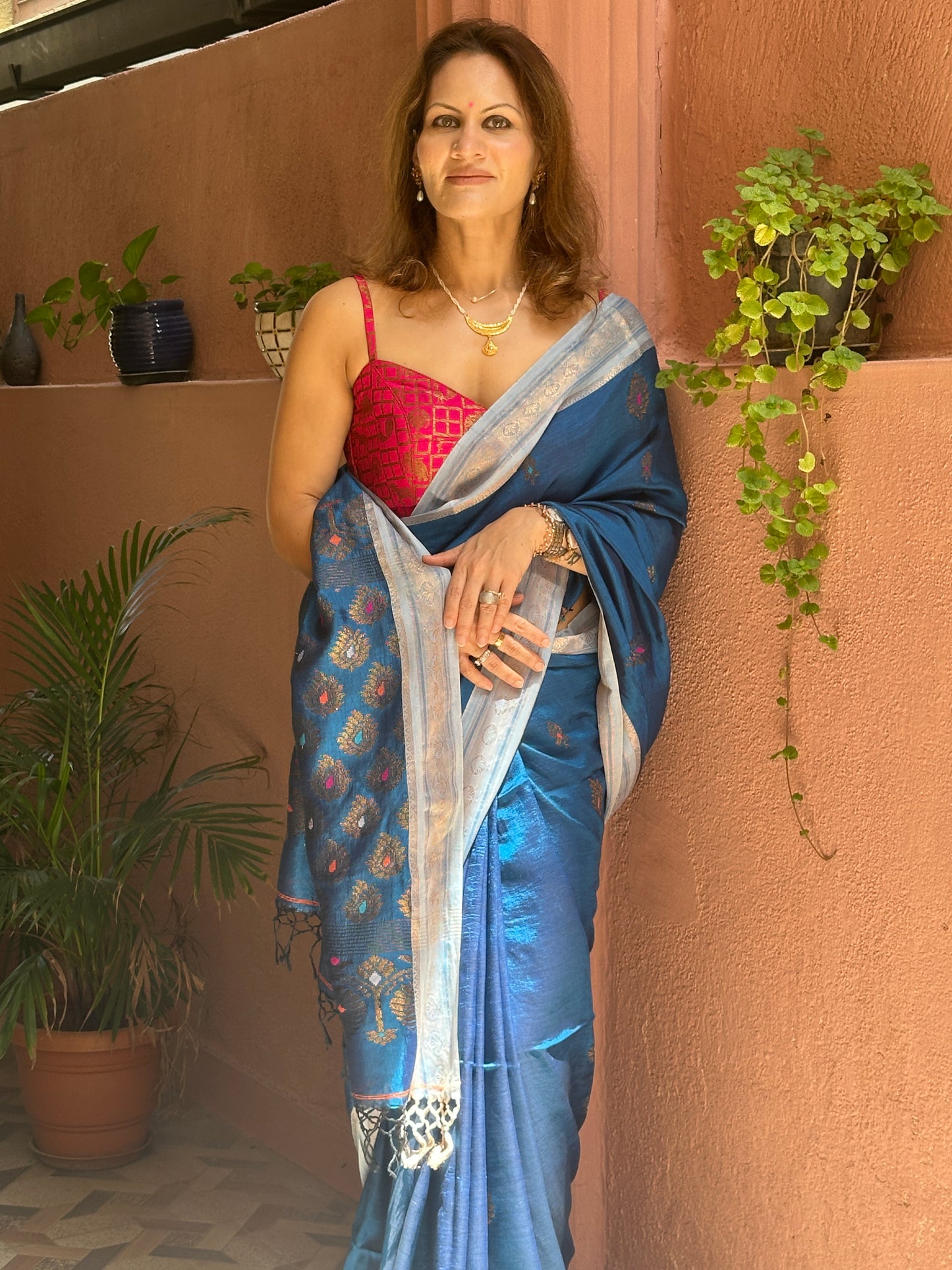 Blue Pure Katan Silk and Cotton Banarasi Sari with Zari Work