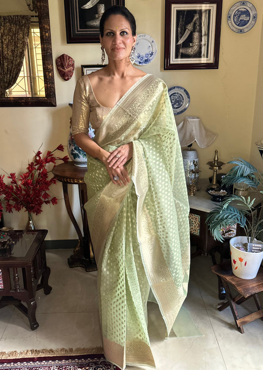 Lime Green Banarasi Kora Organza Sari with Butis & Weaving - Raahini