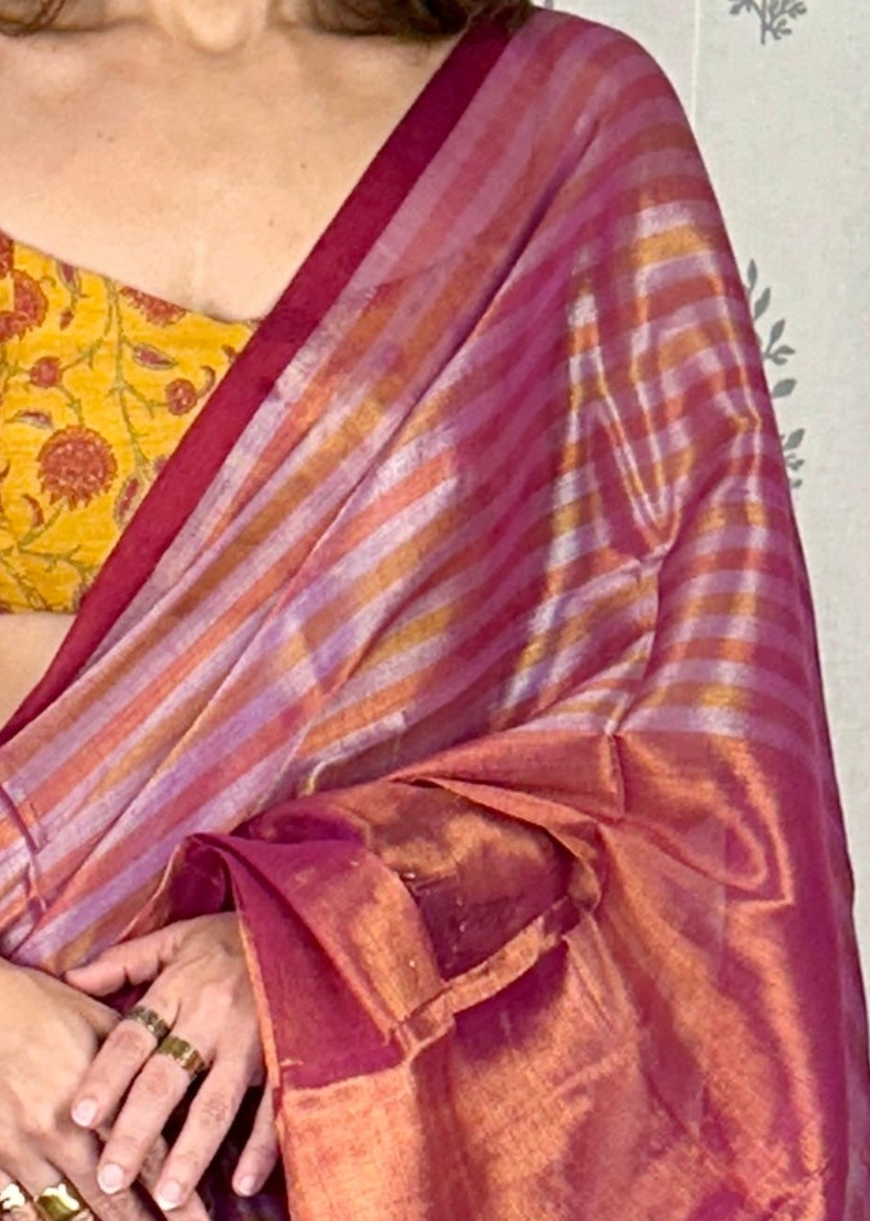 Pink & Orange Pure Mul Mul Handwoven Striped Tissue Cotton Saree