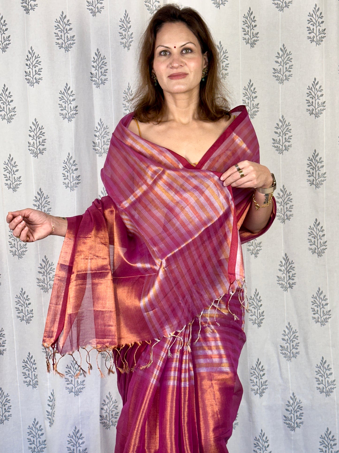 Pink & Orange Pure Mul Mul Handwoven Striped Tissue Cotton Saree